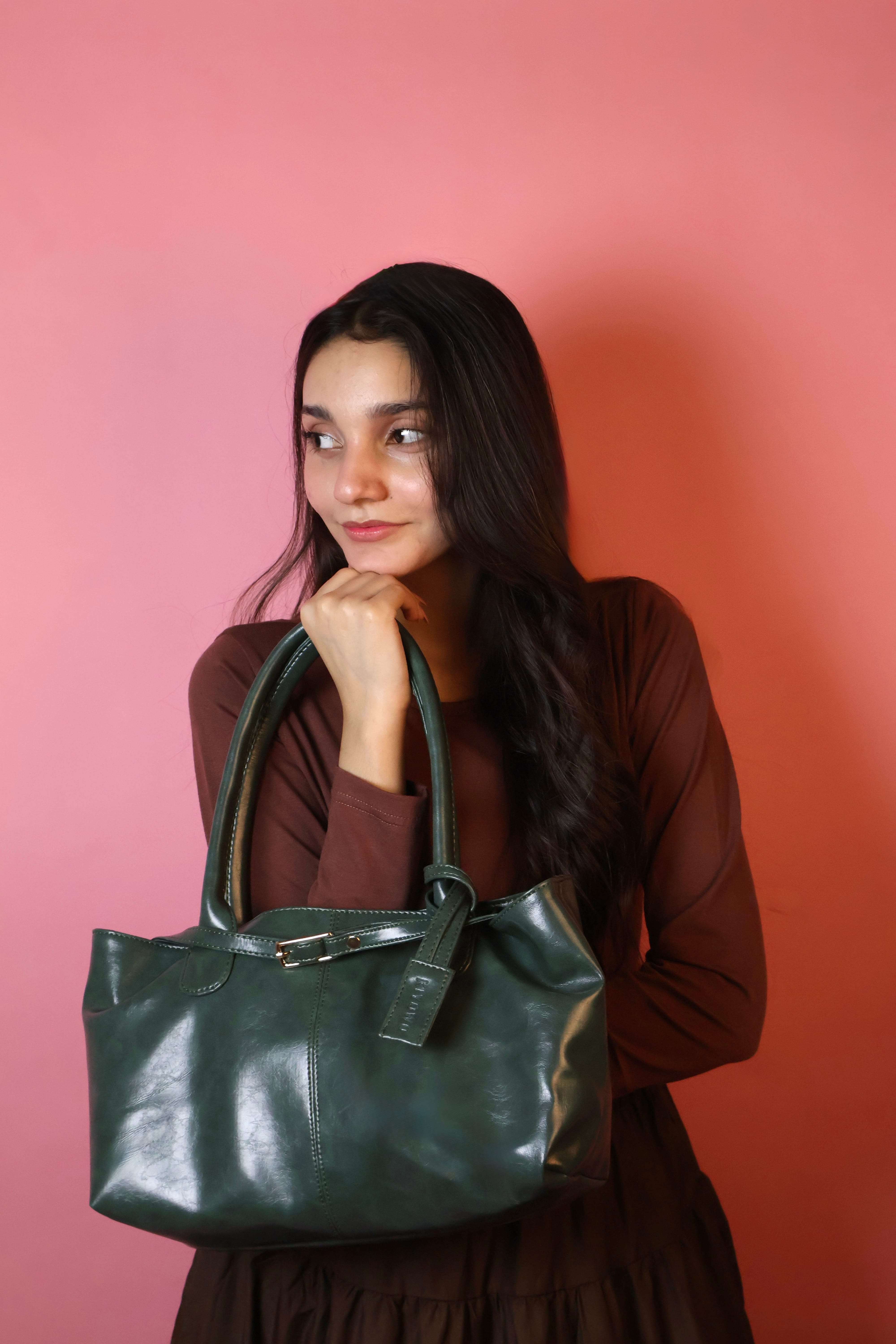 Emerald Green Buckle Detail Shoulder Tote Bag