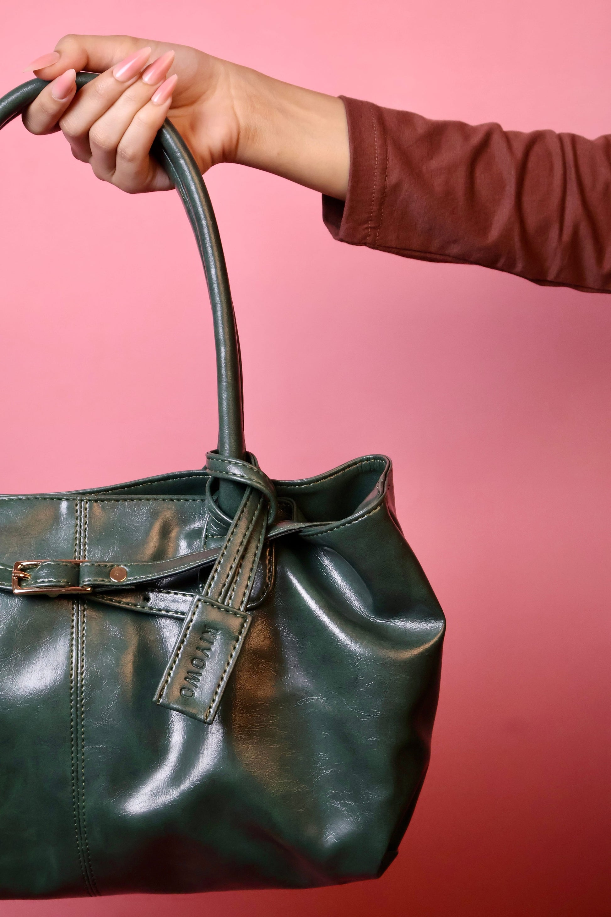 Emerald Green Buckle Detail Shoulder Tote Bag