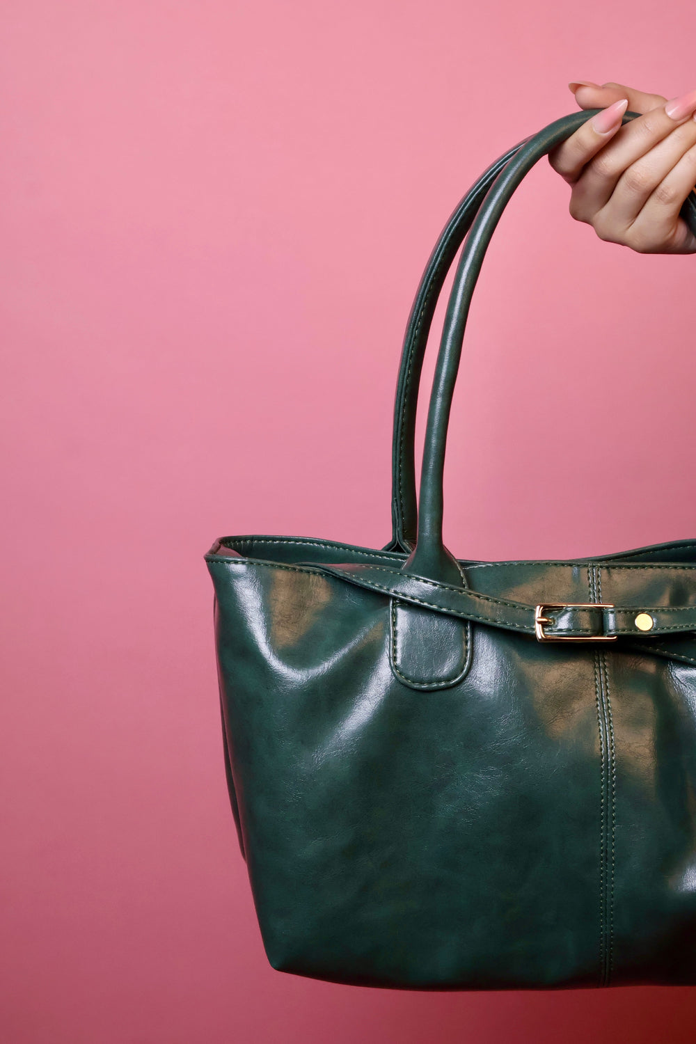 Emerald Green Buckle Detail Shoulder Tote Bag