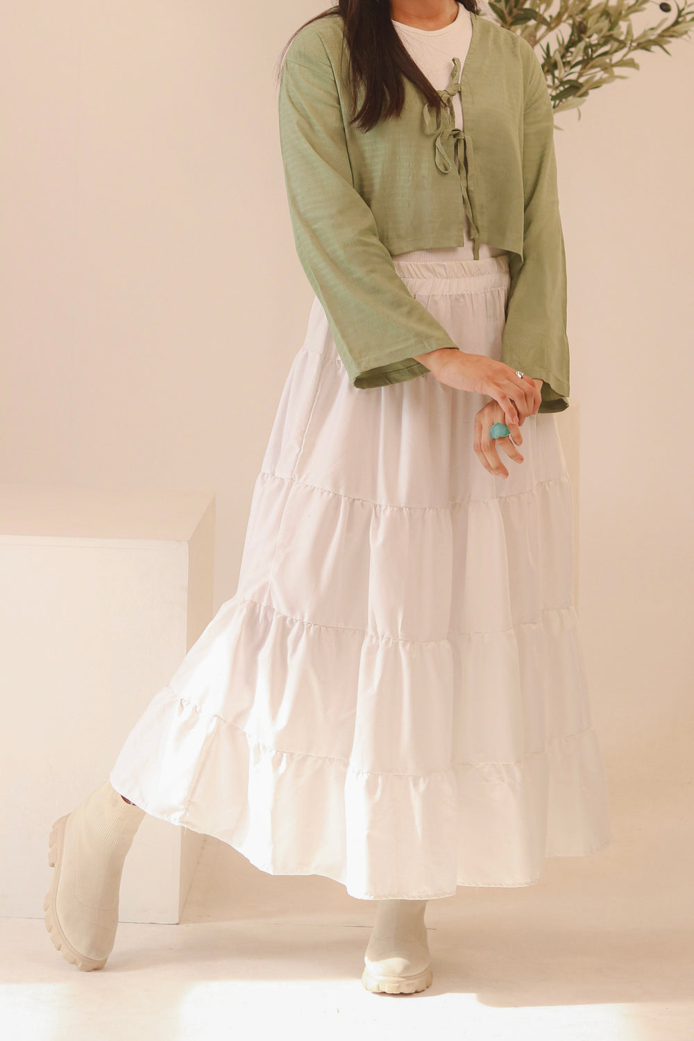 White 4-Tier Ruffle Maxi Skirt