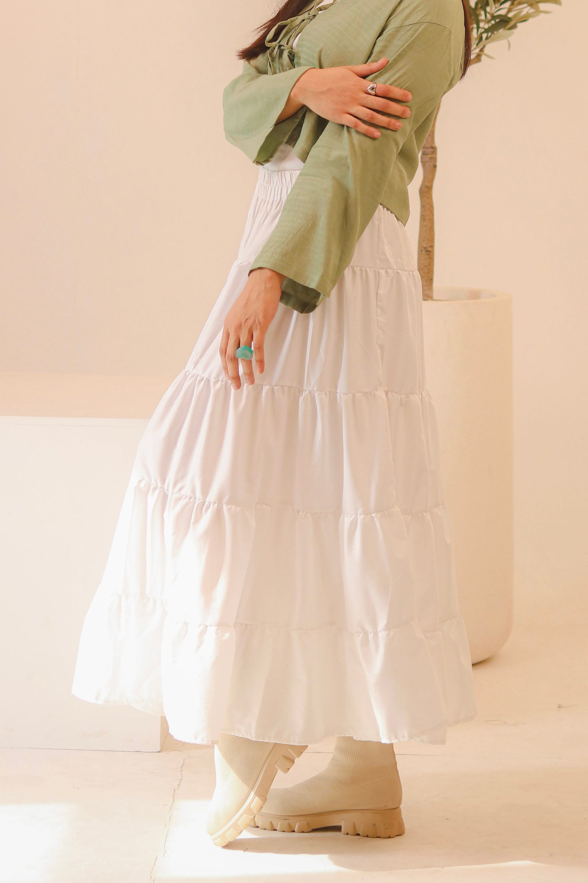 White 4-Tier Ruffle Maxi Skirt