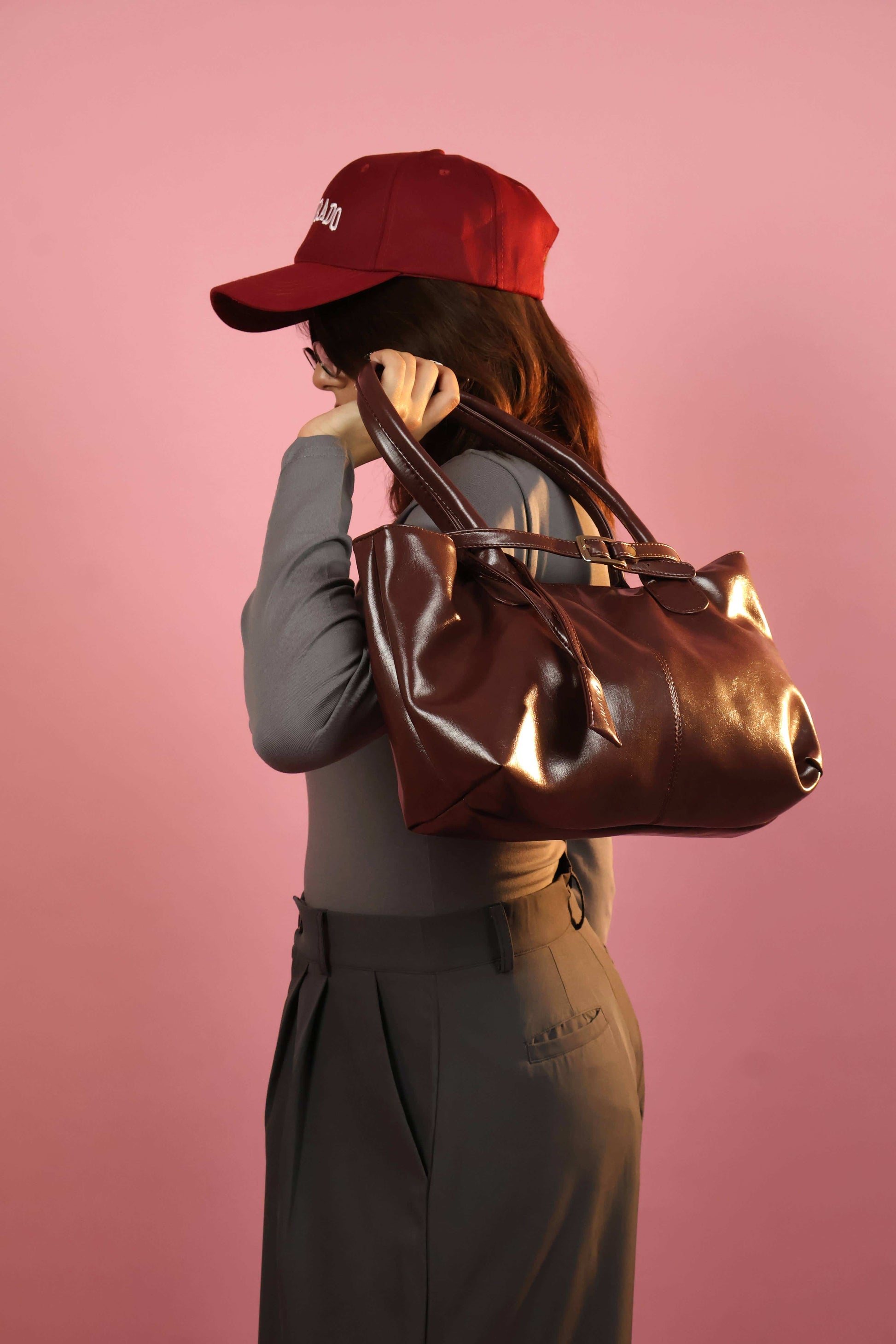 Maroon Buckle Detail Shoulder Tote Bag