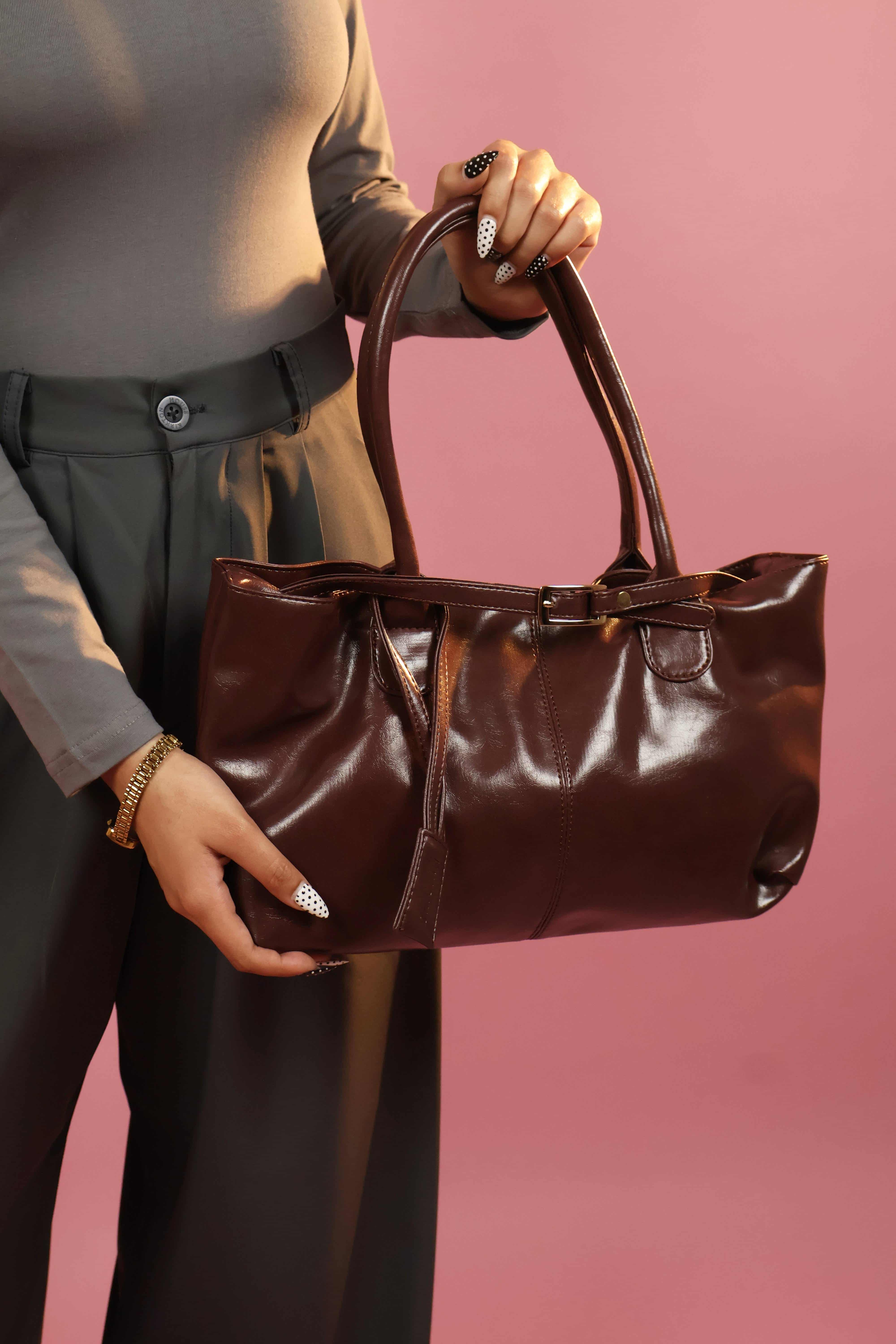 Emerled Maroon Buckle Detail Shoulder Tote Bag