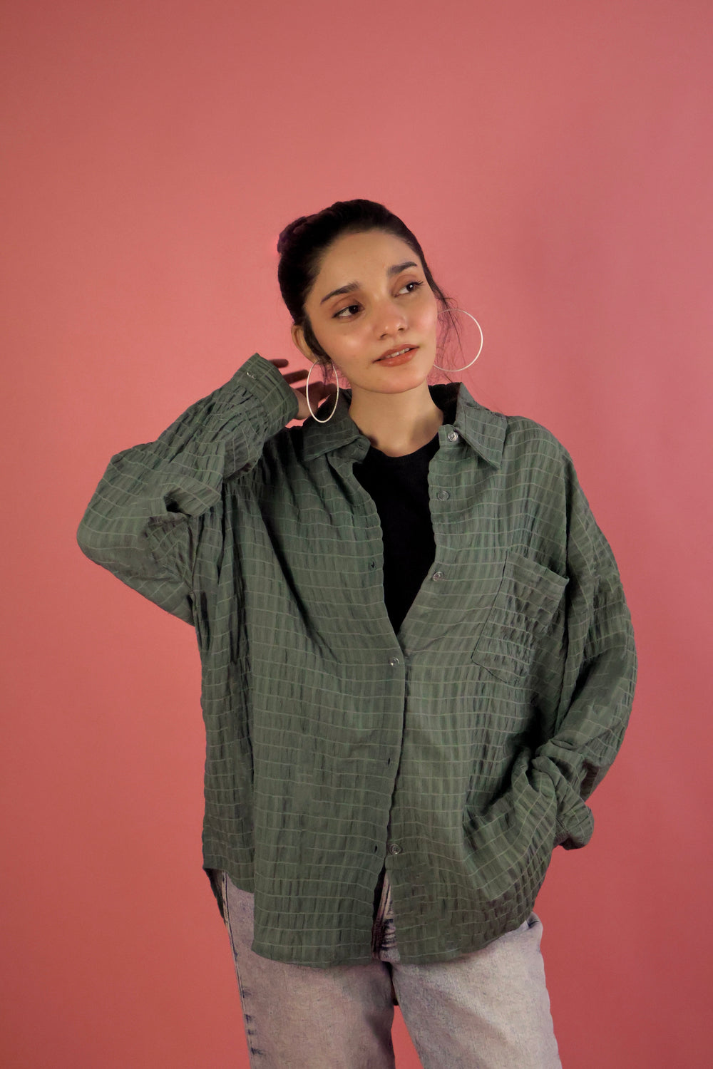 Aqua Green Crimp Button Up Shirt