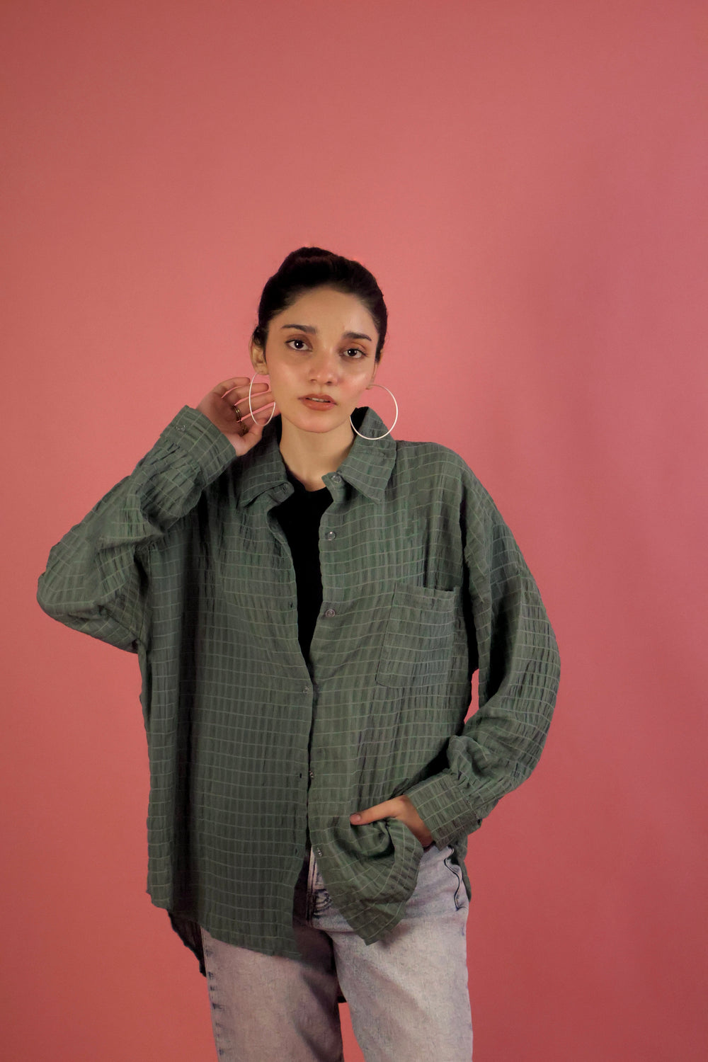 Aqua Green Crimp Button Up Shirt