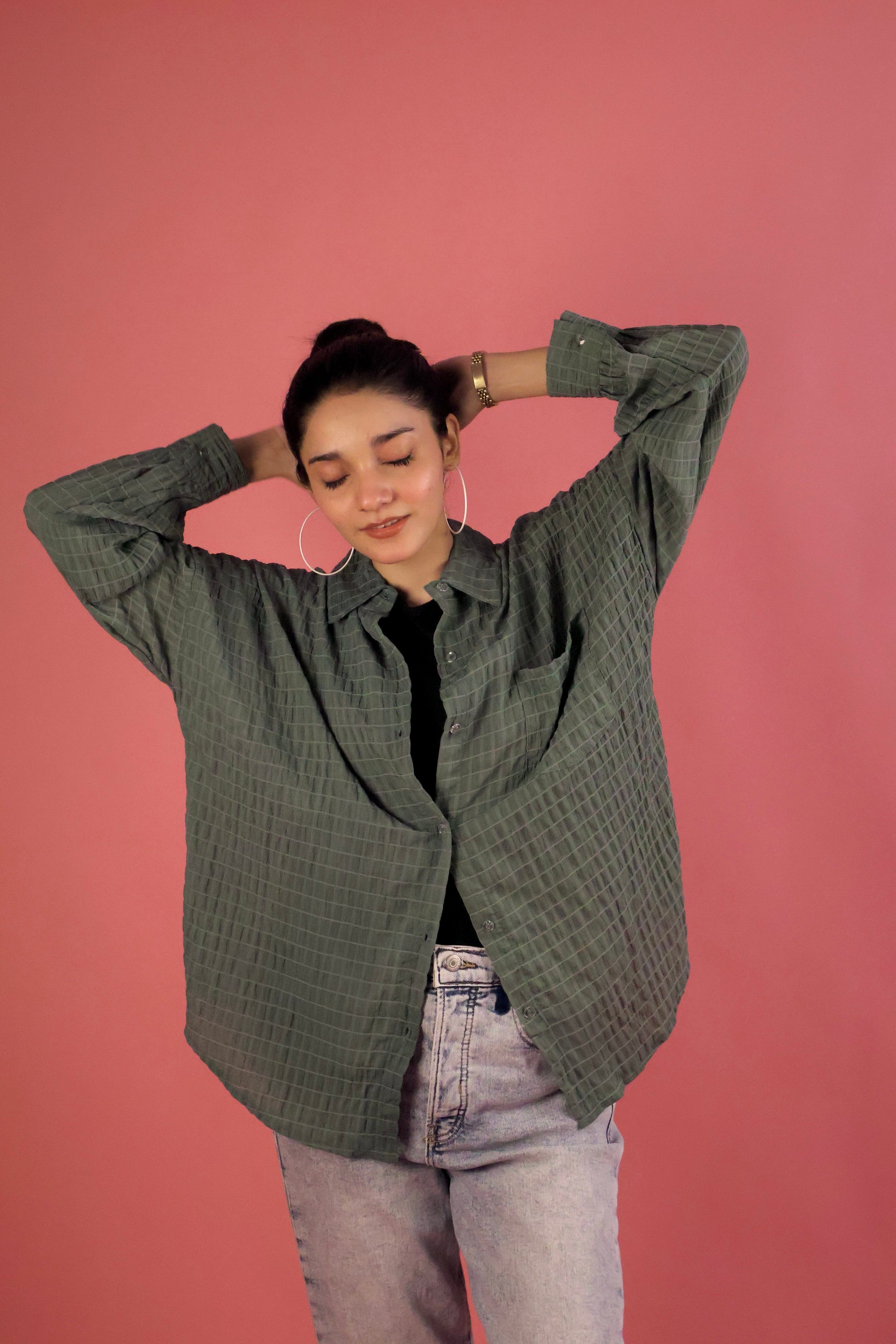 Aqua Green Crimp Button Up Shirt