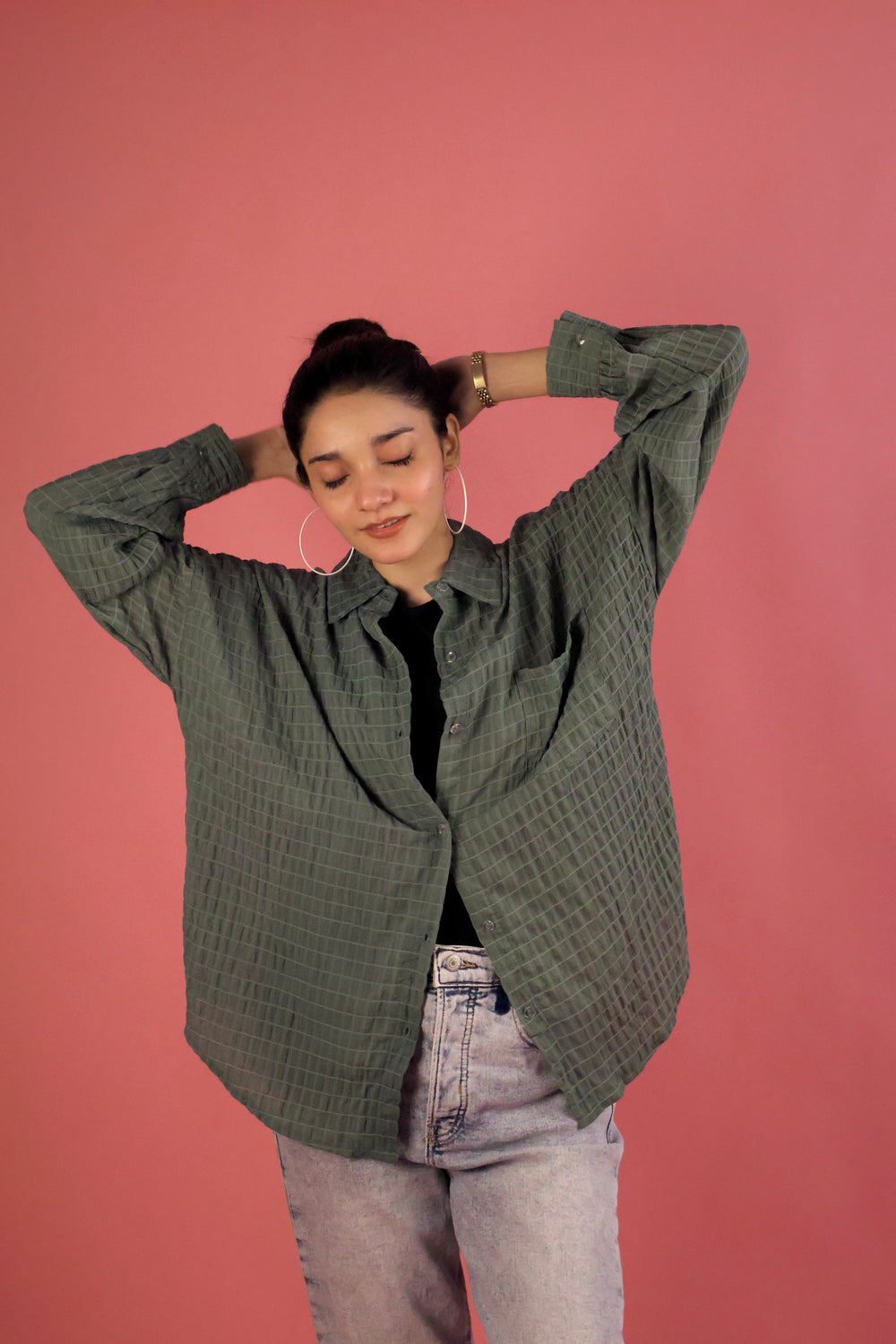 Aqua Green Crimp Button Up Shirt