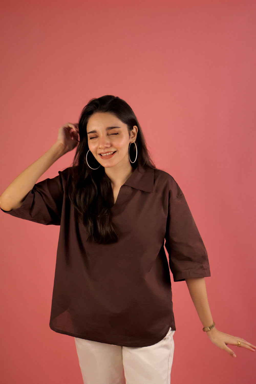 Chocolate Brown V Neck Collared Shirt