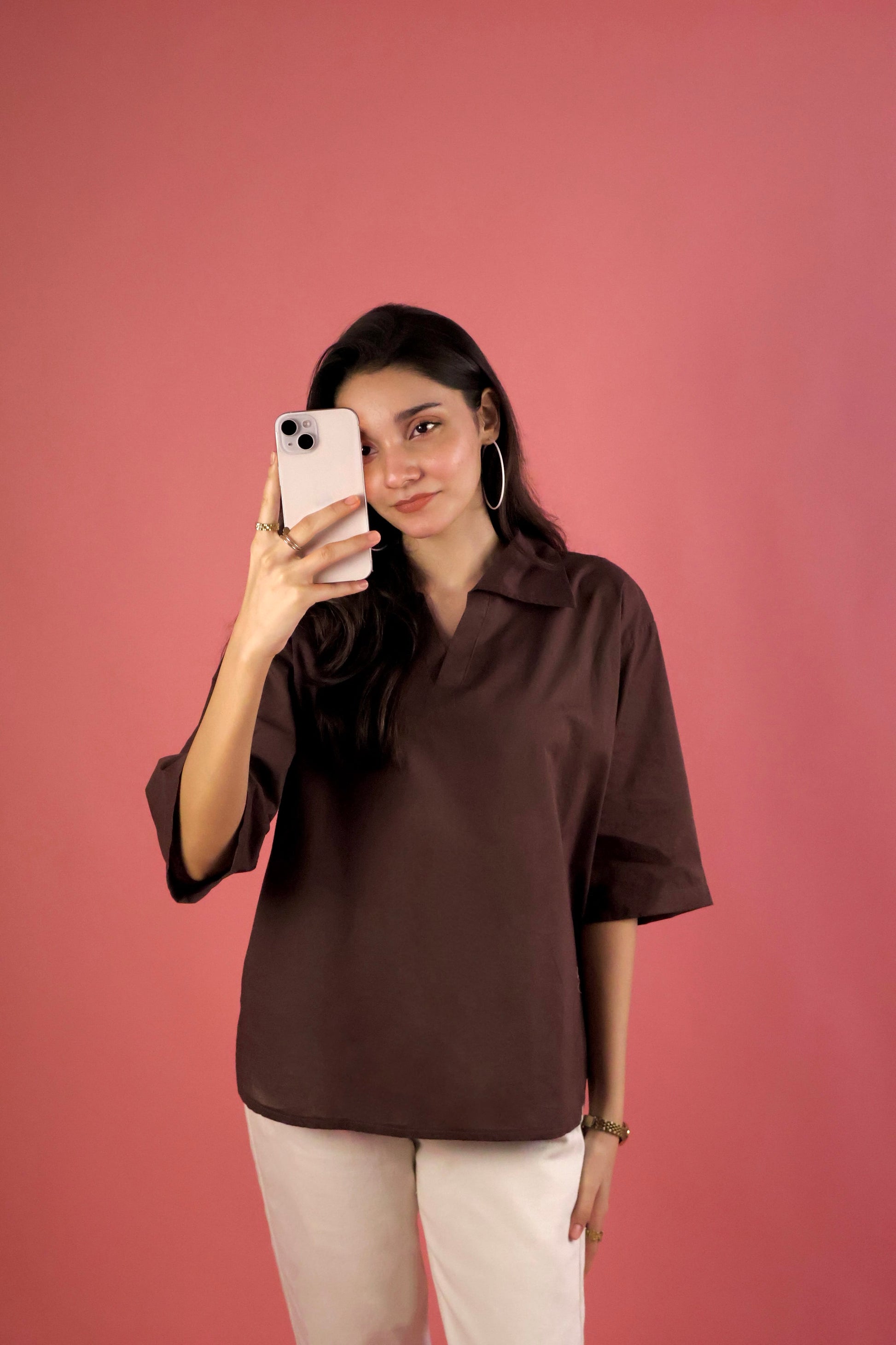 Chocolate Brown V Neck Collared Shirt