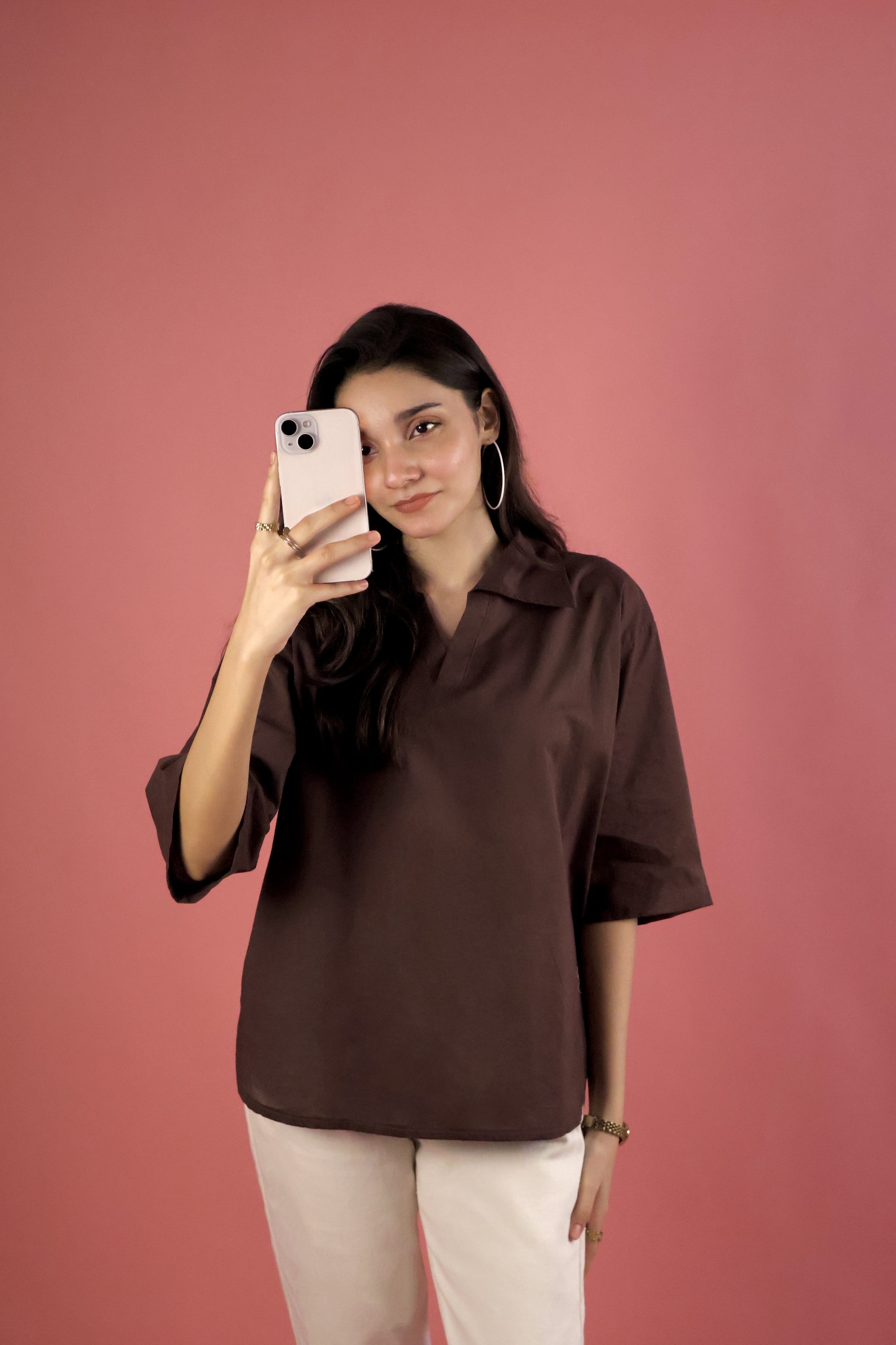 Chocolate Brown V Neck Collared Shirt