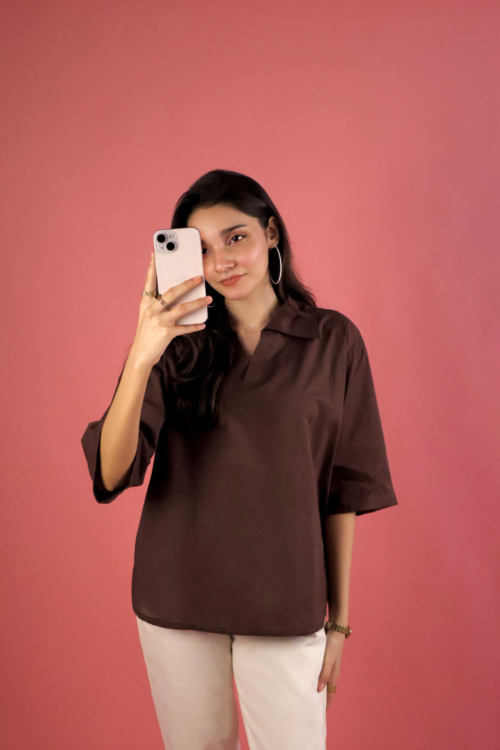 Chocolate Brown V Neck Collared Shirt