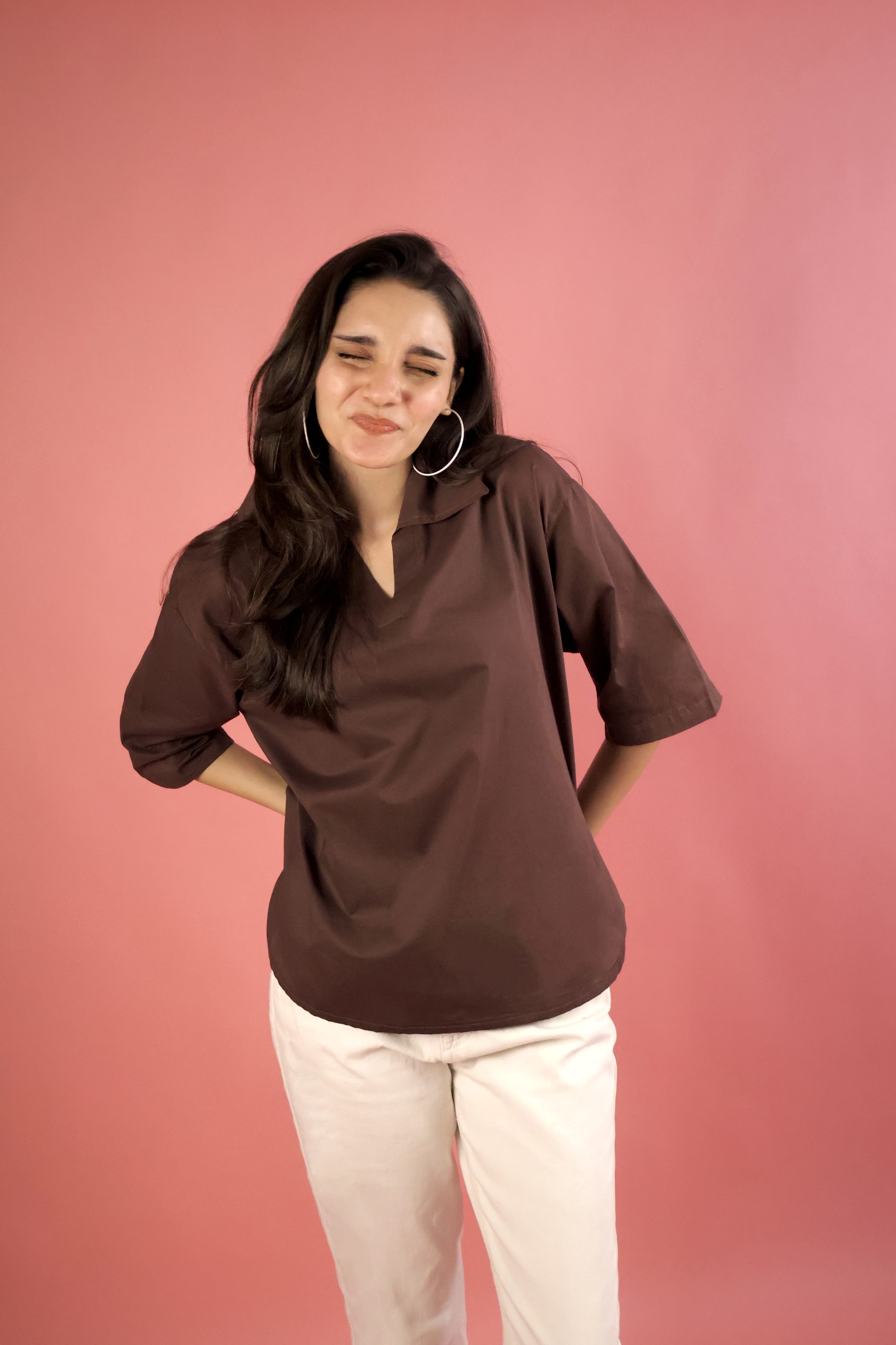 Chocolate Brown V Neck Collared Shirt