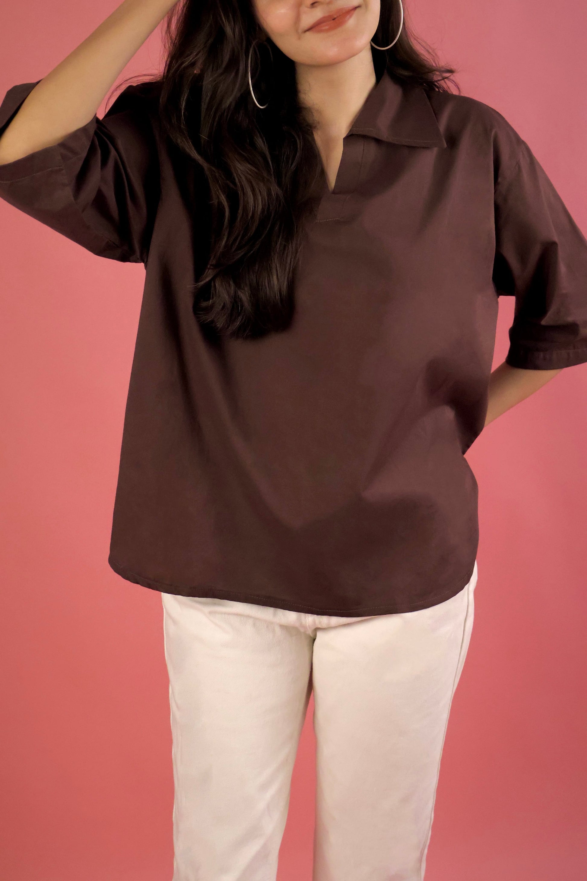 Chocolate Brown V Neck Collared Shirt