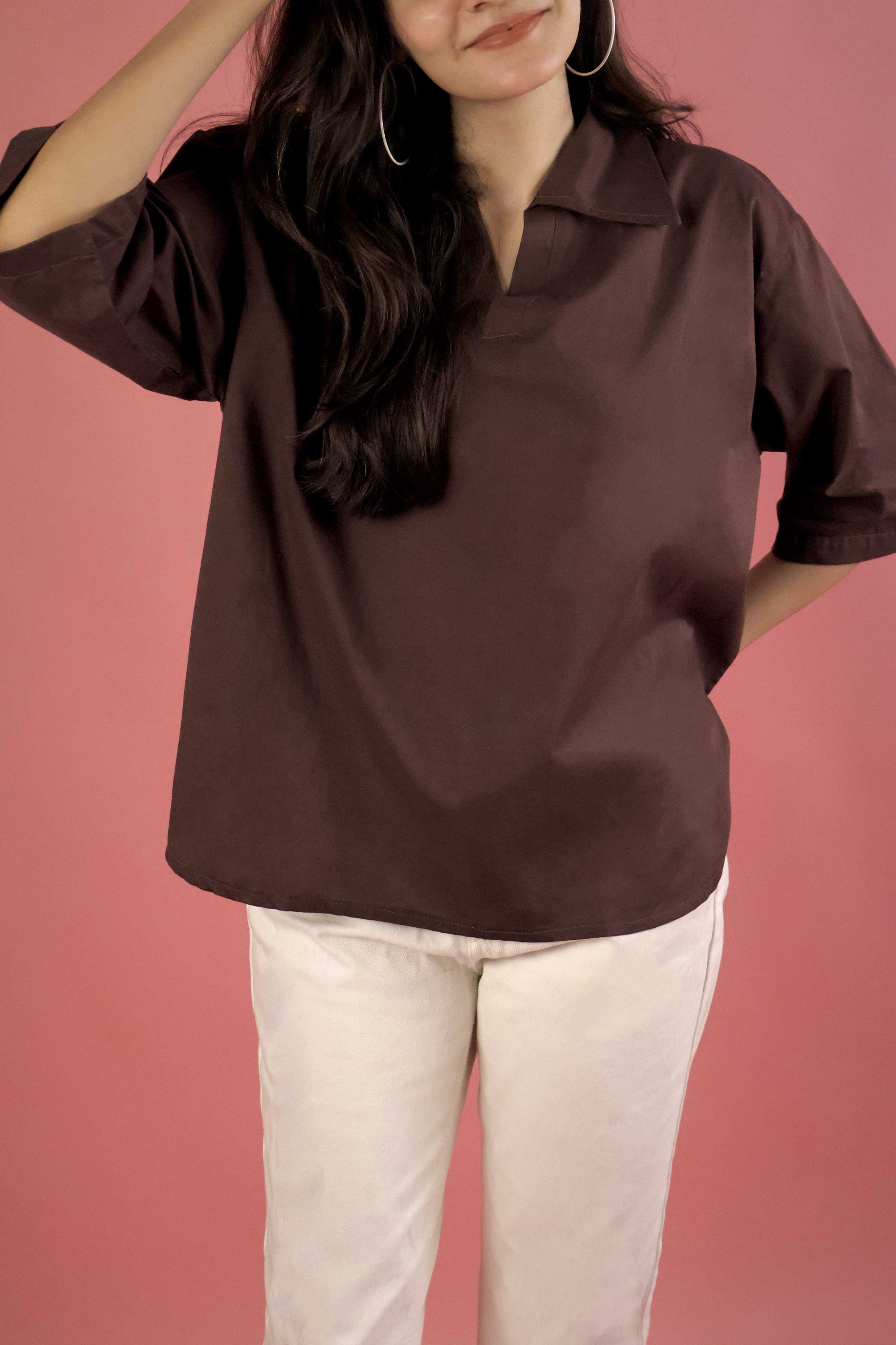 Chocolate Brown V Neck Collared Shirt