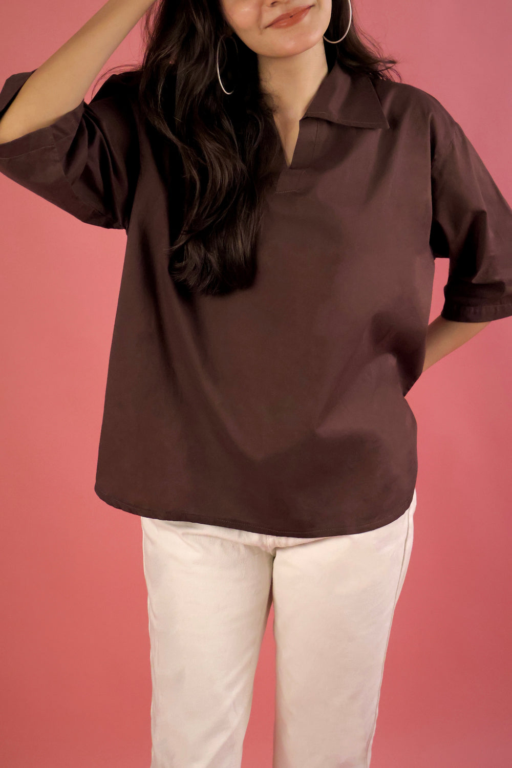 Chocolate Brown V Neck Collared Shirt