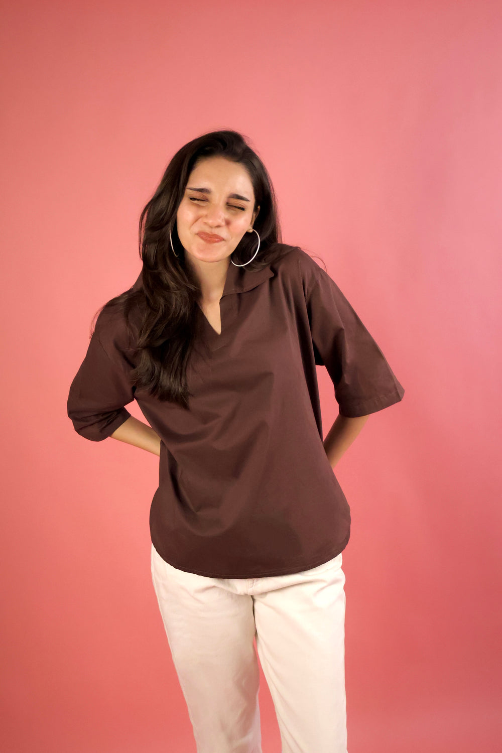 Chocolate Brown V Neck Collared Shirt
