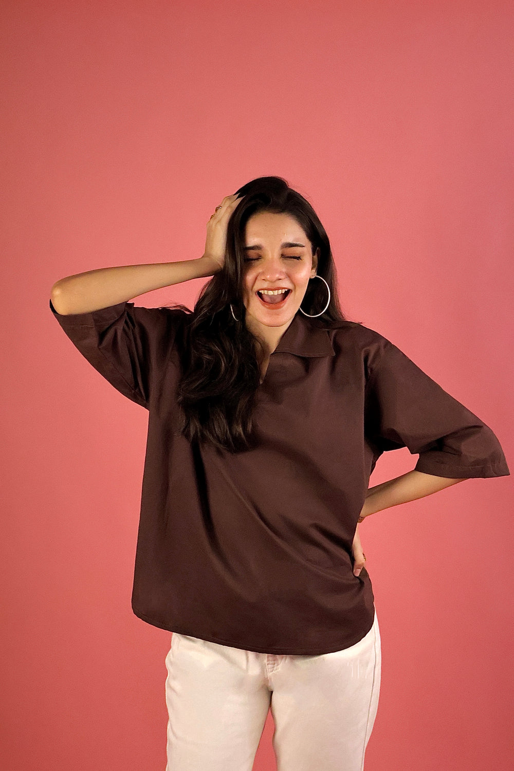 Chocolate Brown V Neck Collared Shirt
