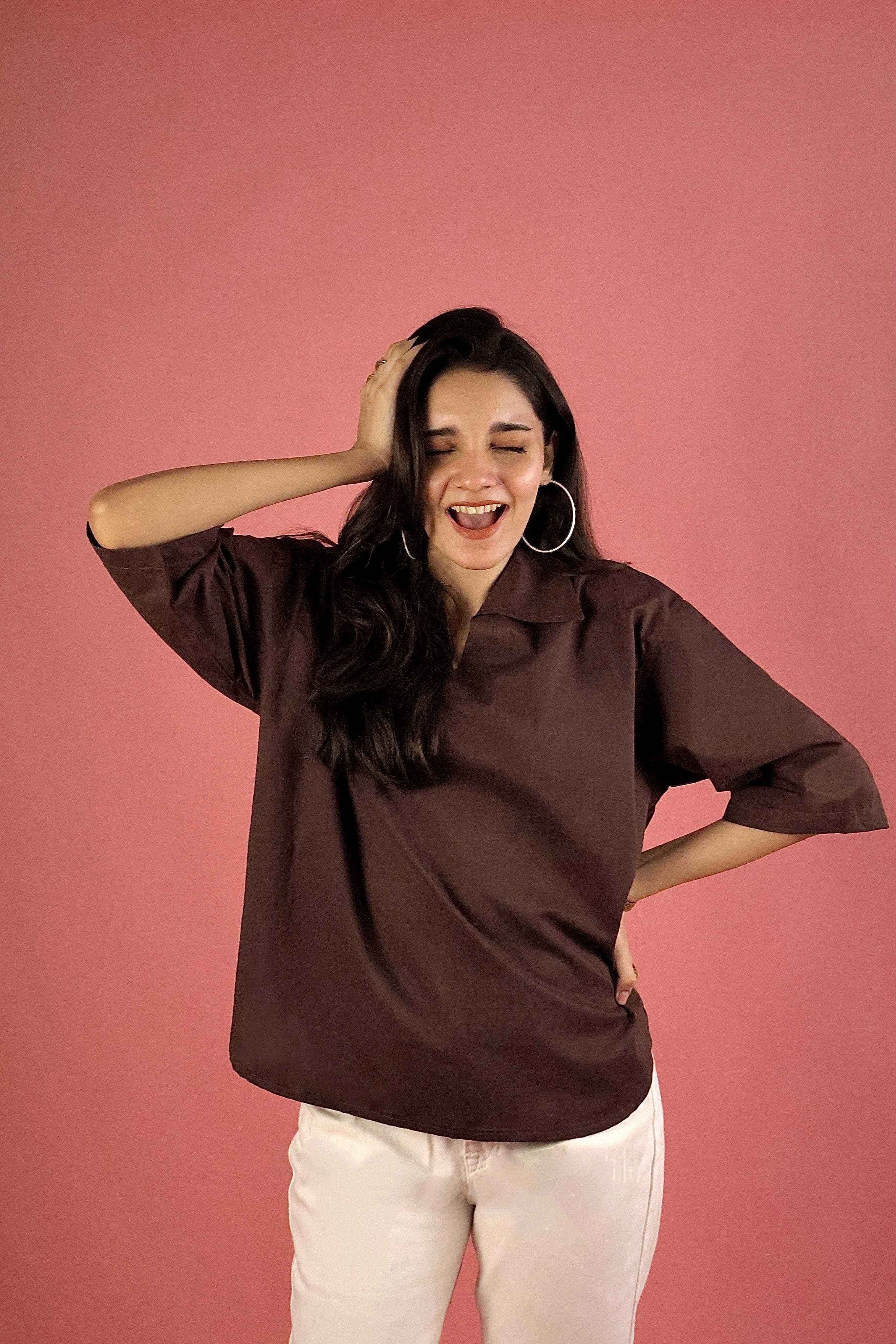 Chocolate Brown V Neck Collared Shirt