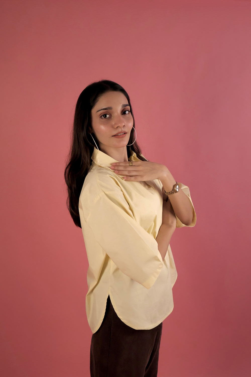 Butter Yellow V Neck Collared Shirt