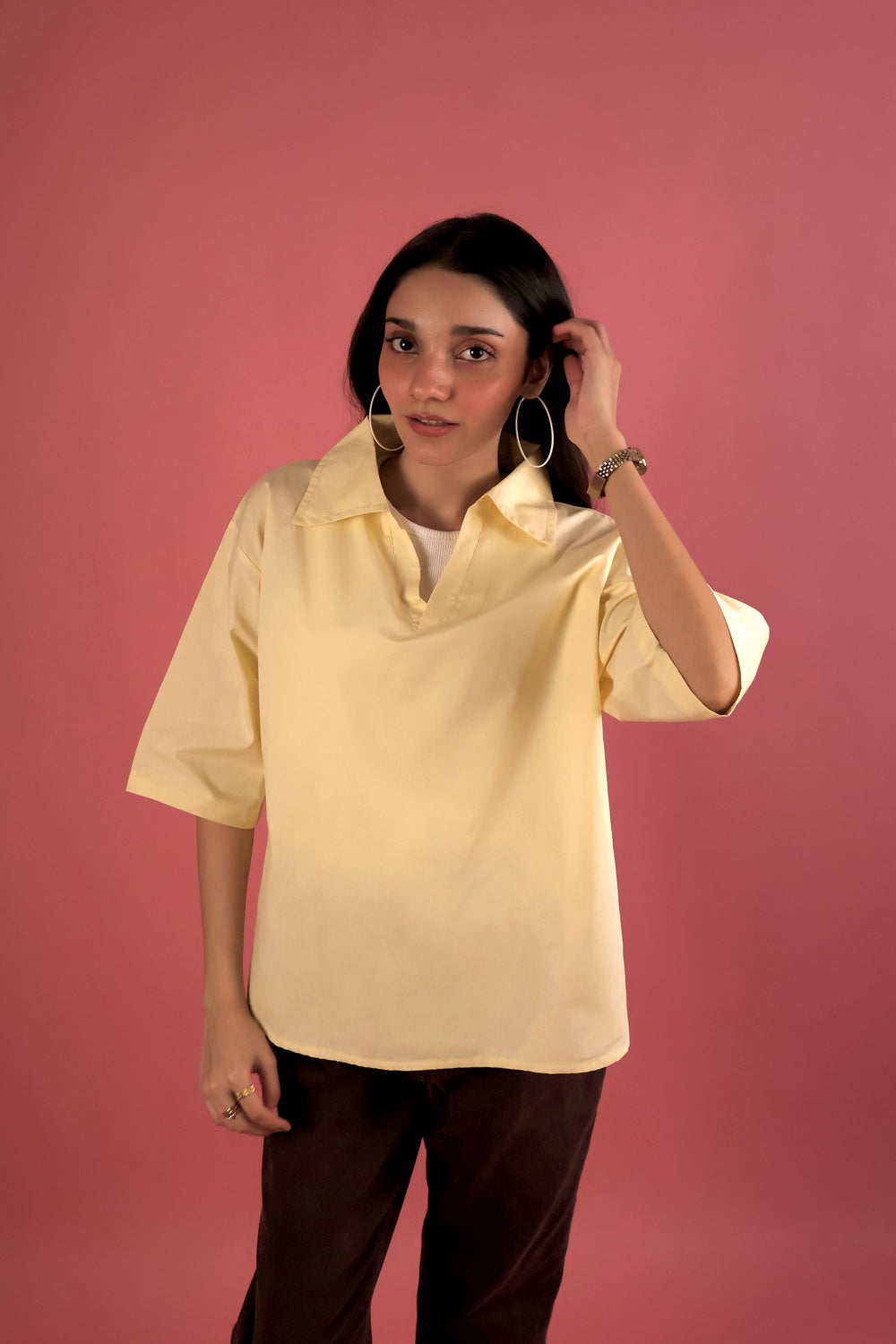 Butter Yellow V Neck Collared Shirt