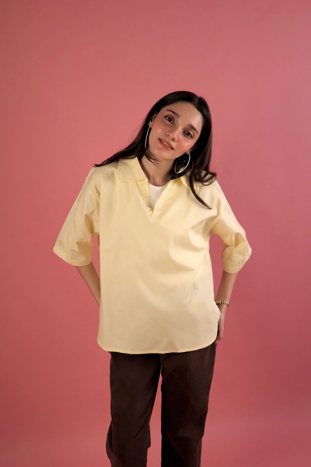 Butter Yellow V Neck Collared Shirt