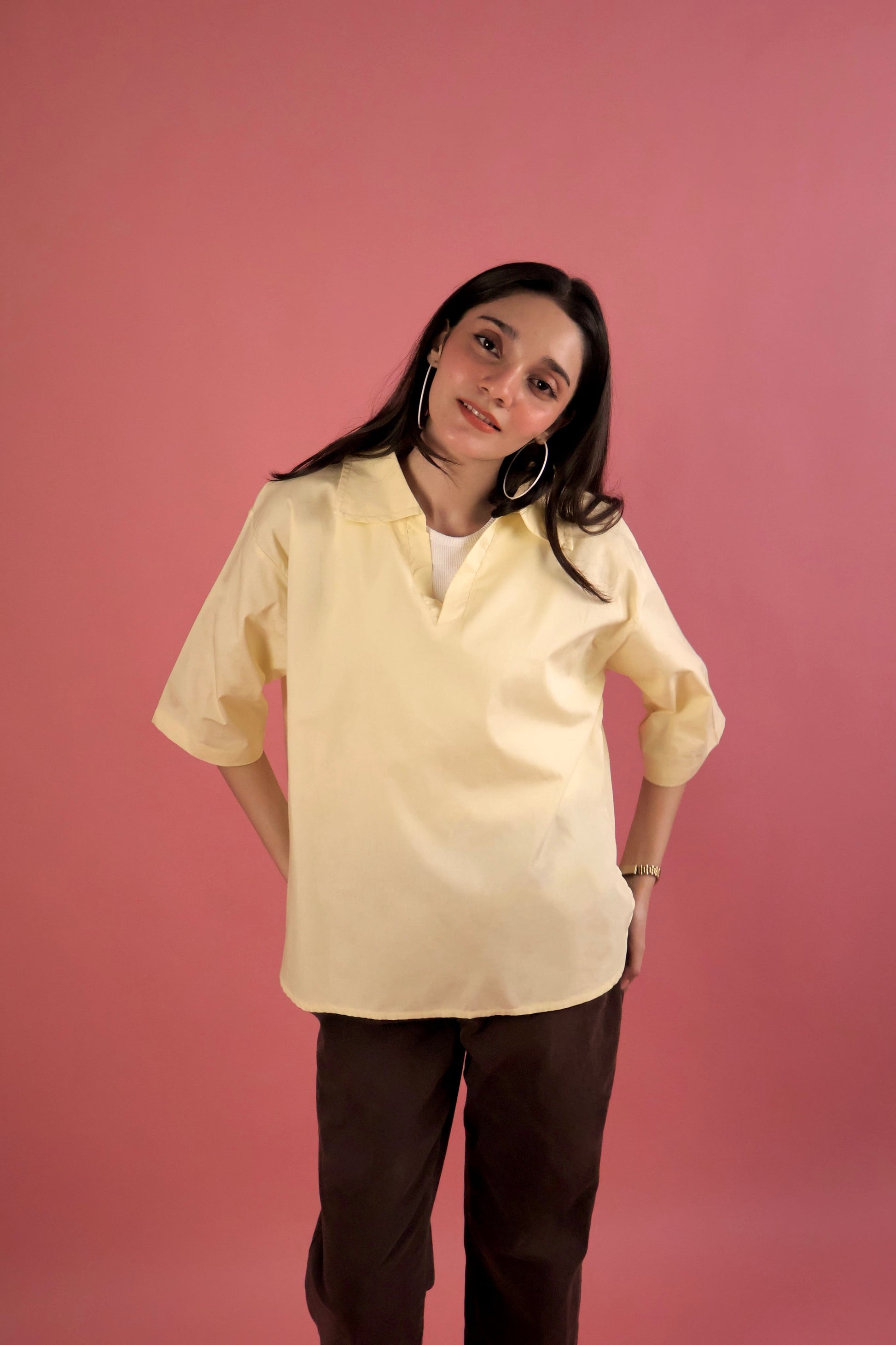 Butter Yellow V Neck Collared Shirt