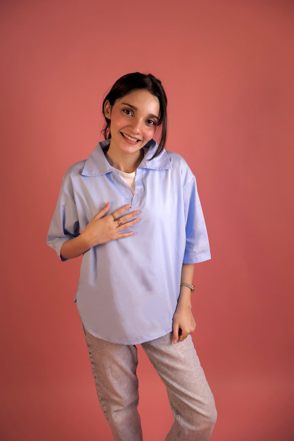 Powder Blue V Neck Collared Shirt