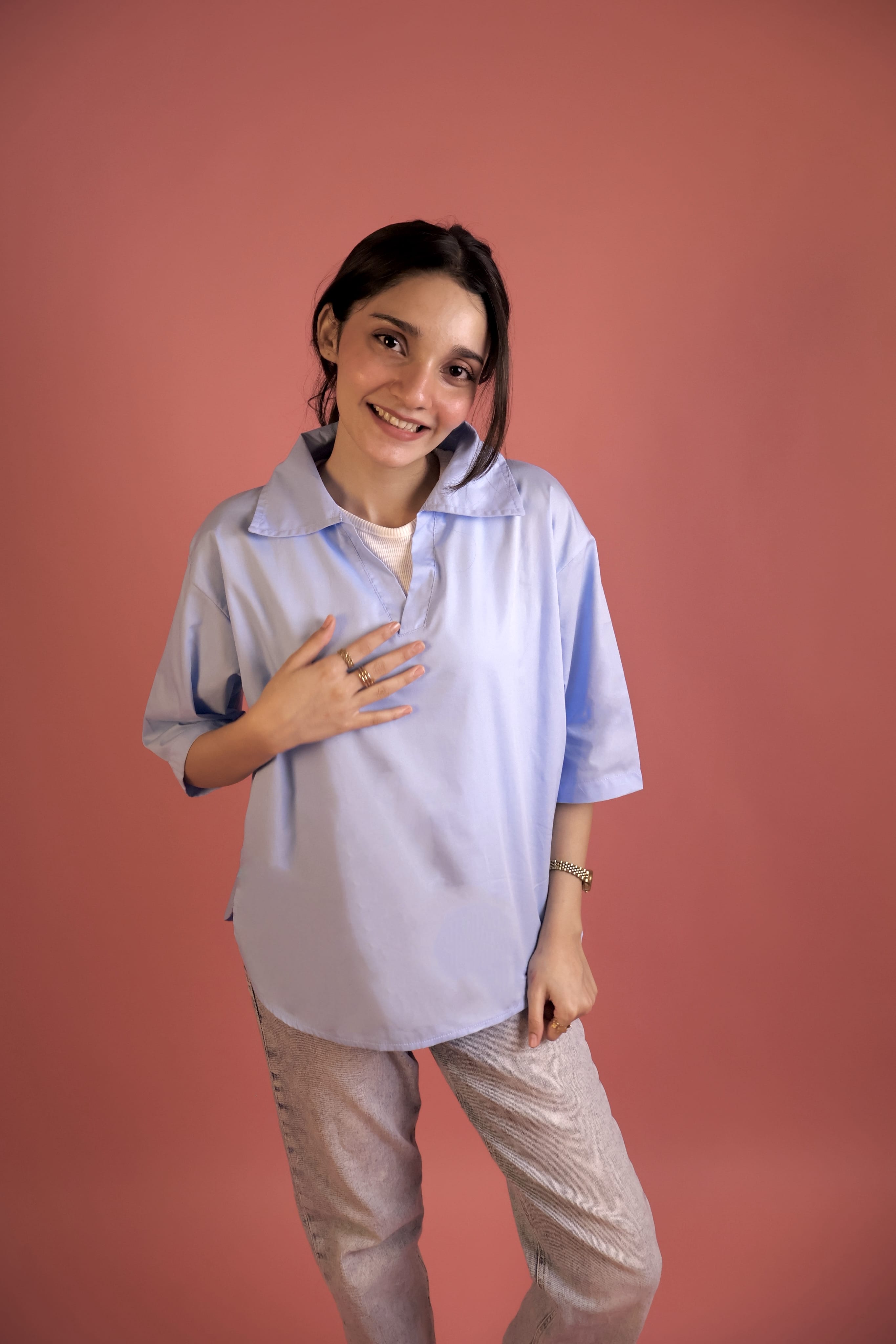 Powder Blue V Neck Collared Shirt