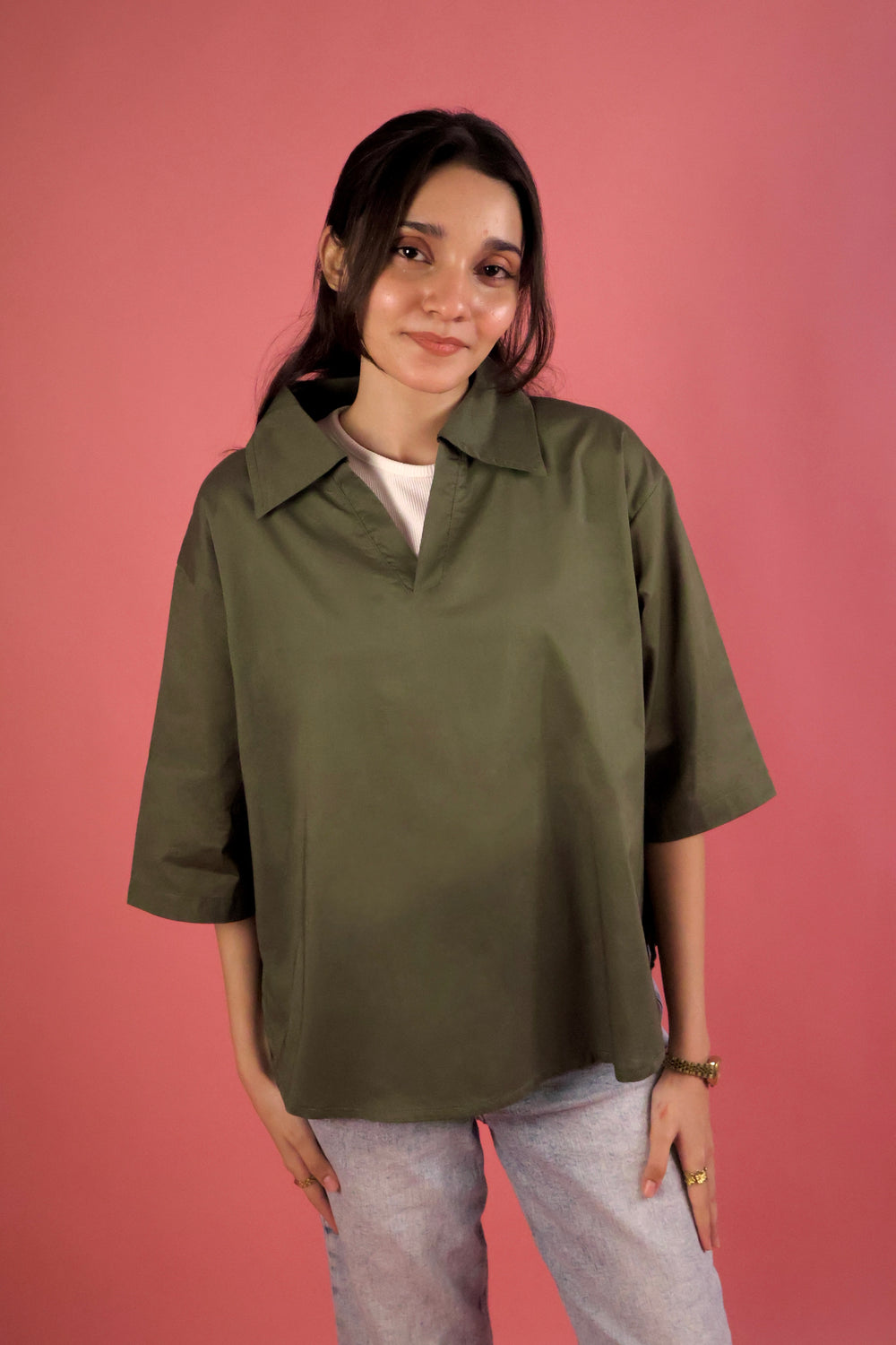 Army Green V Neck Collared Shirt