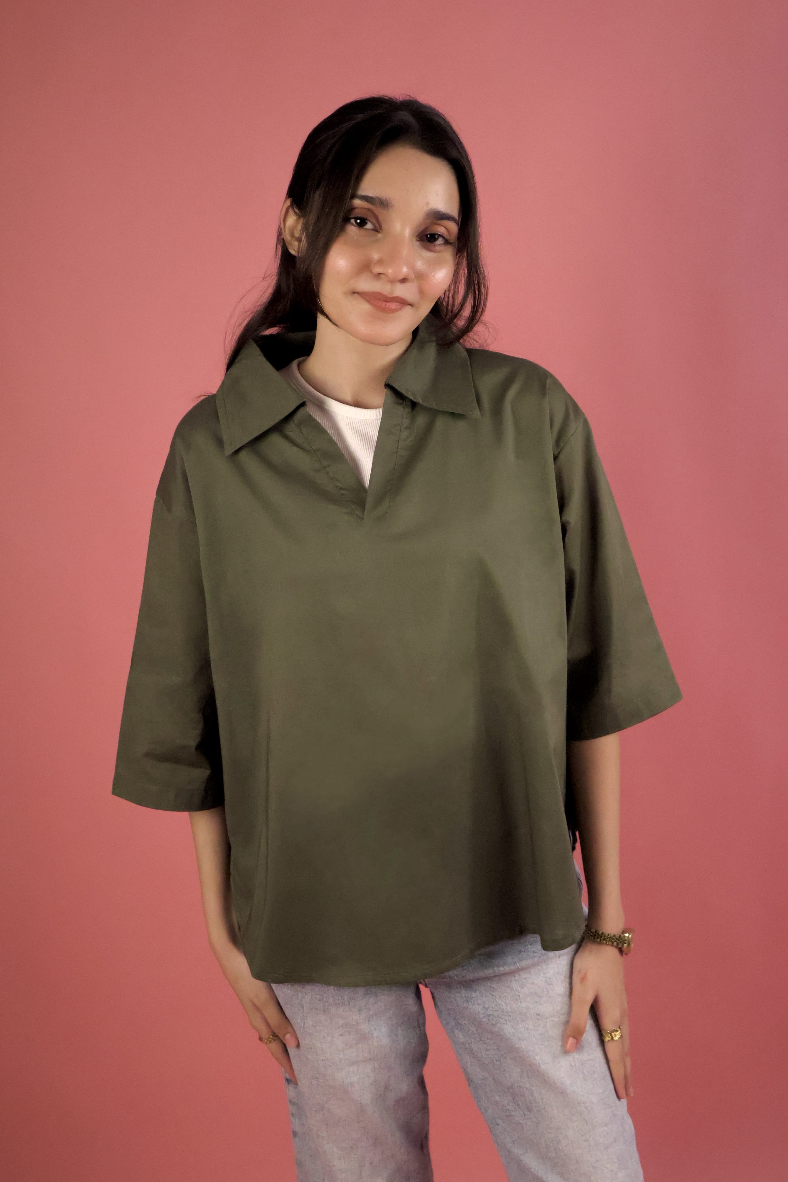 Army Green V Neck Collared Shirt