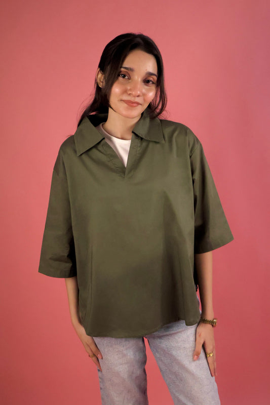 Army Green V Neck Collared Shirt