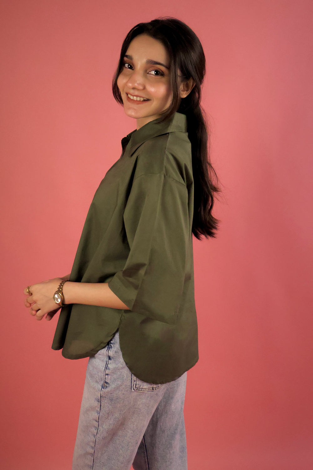 Army Green V Neck Collared Shirt