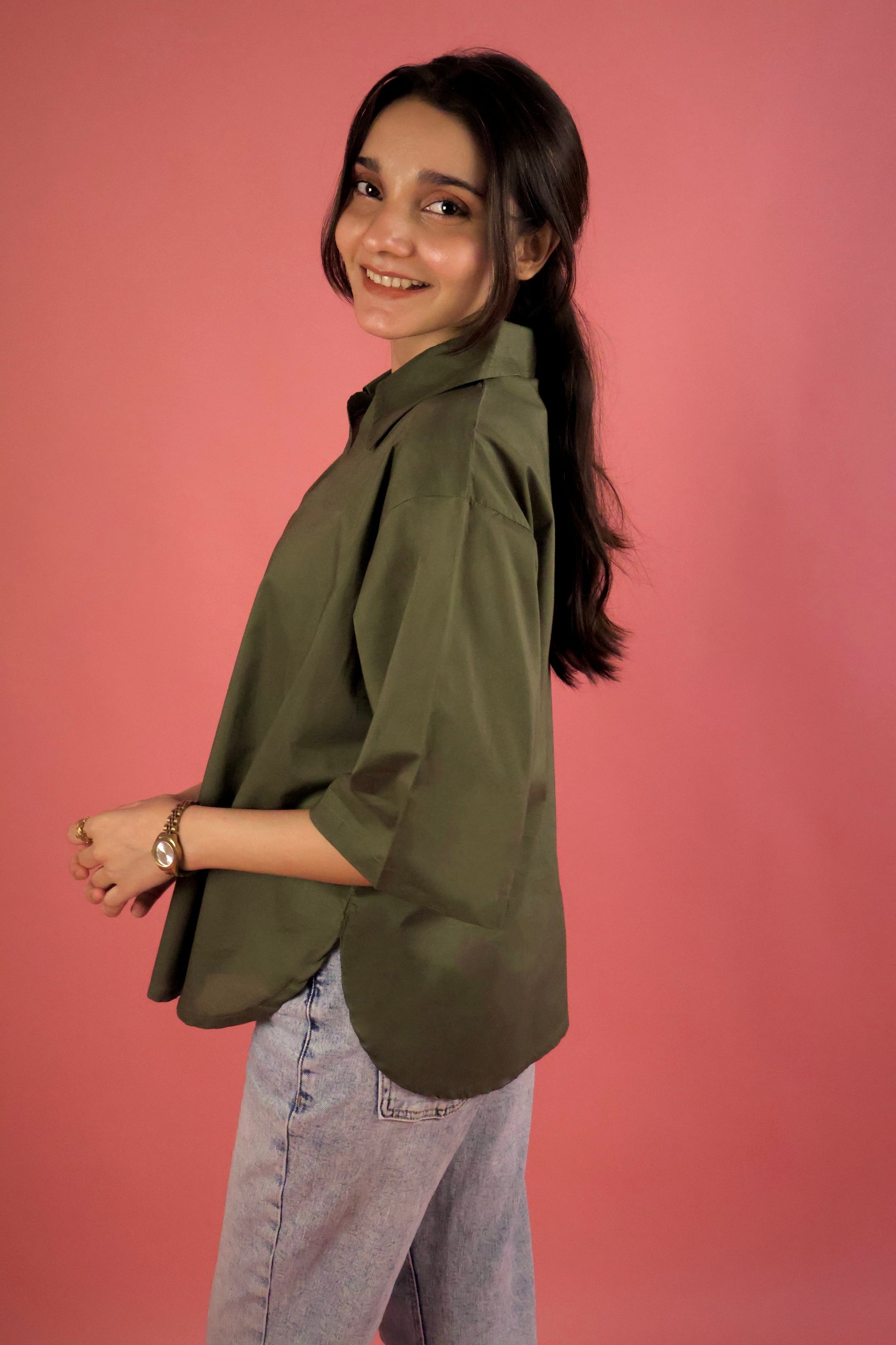 Army Green V Neck Collared Shirt