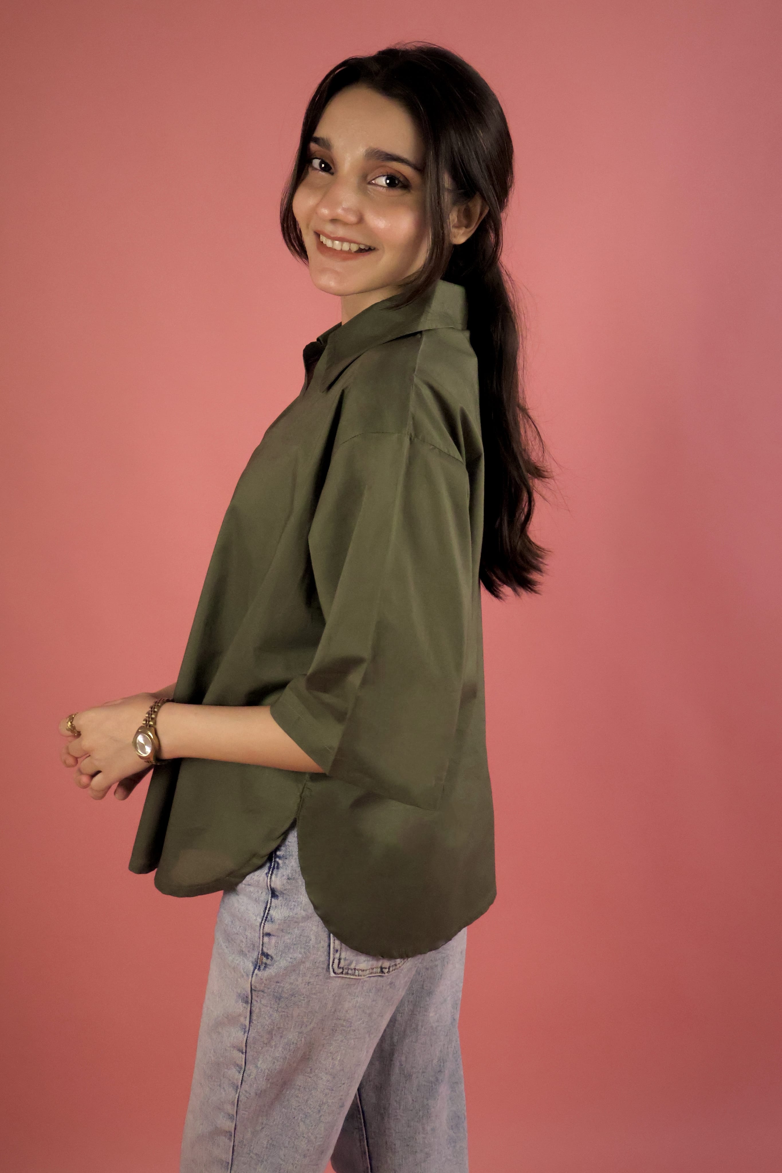 Army Green V Neck Collared Shirt