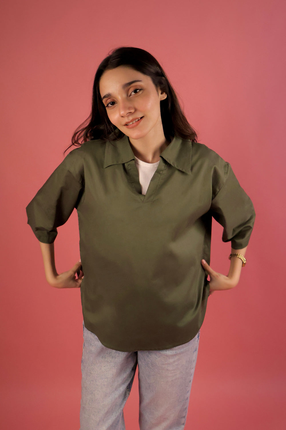 Army Green V Neck Collared Shirt