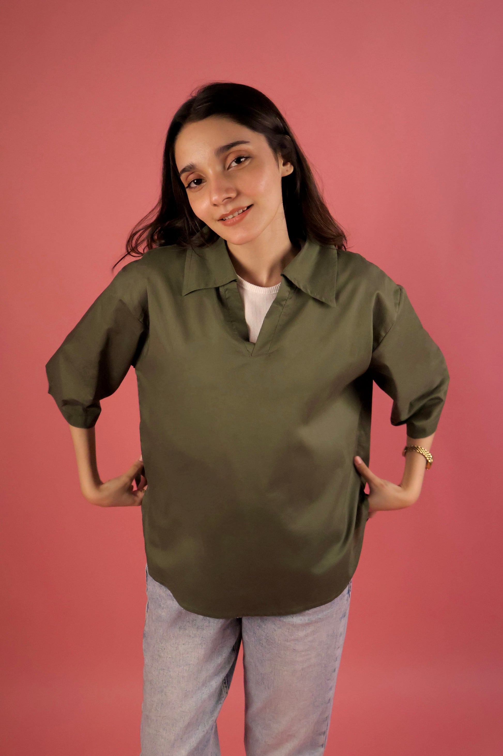 Army Green V Neck Collared Shirt
