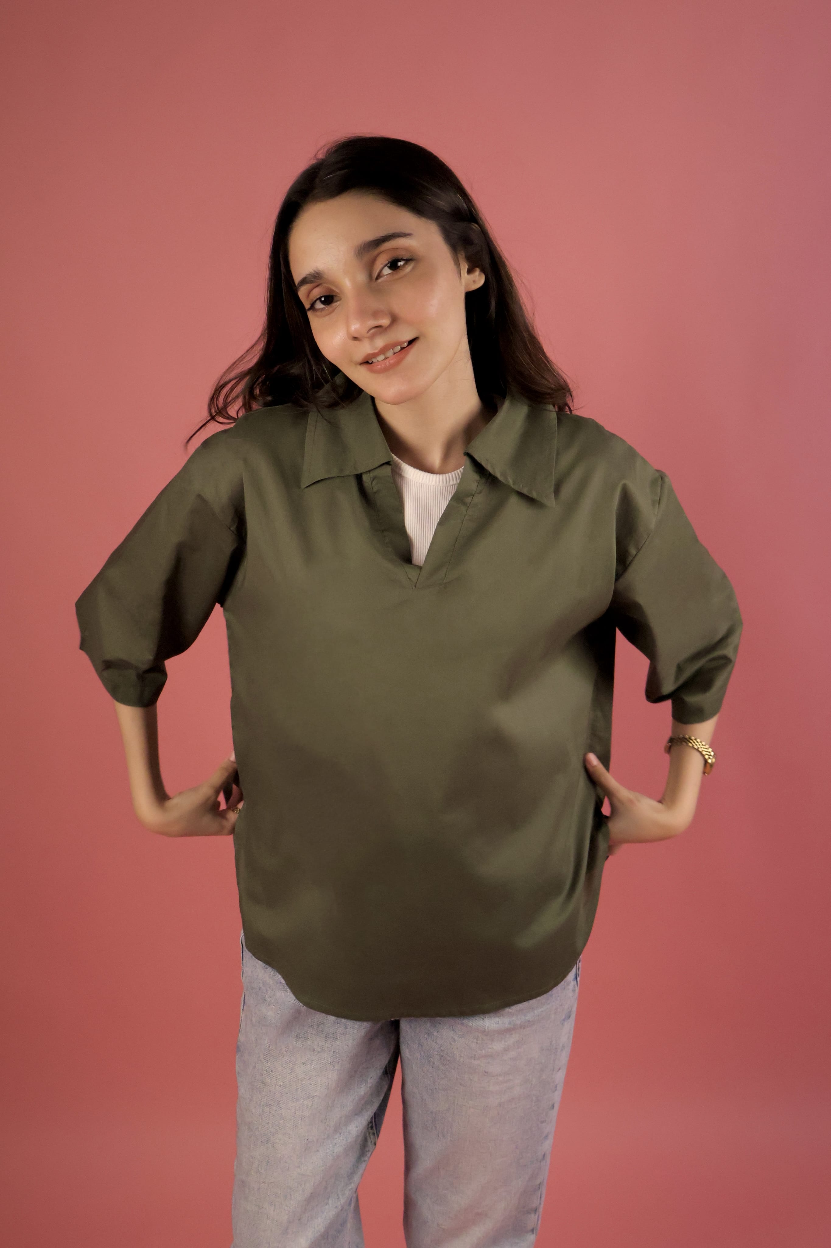 Army Green V Neck Collared Shirt