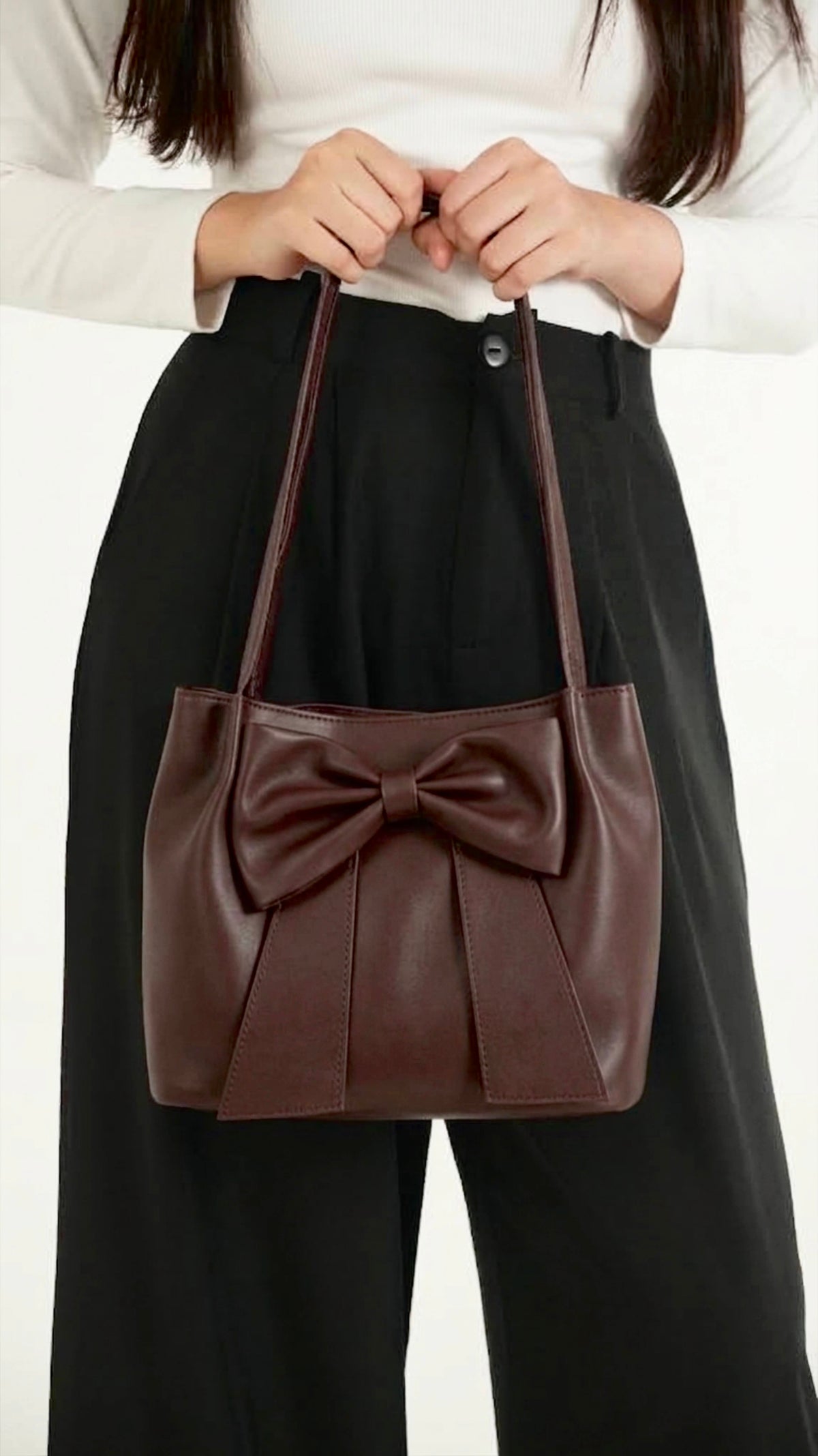 Burgundy Brown Soft Bow Hand Bag