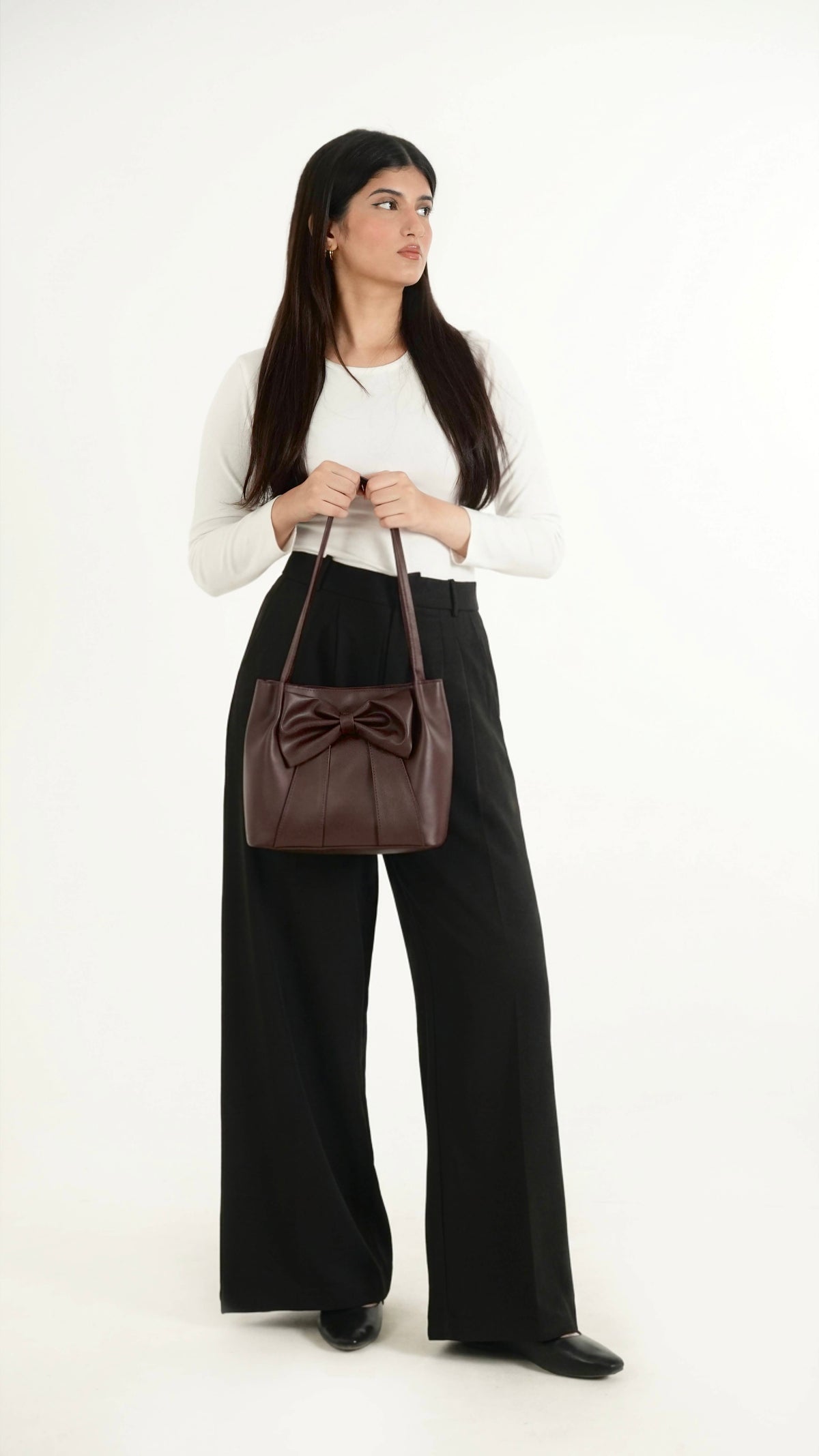 Burgundy Brown Soft Bow Hand Bag