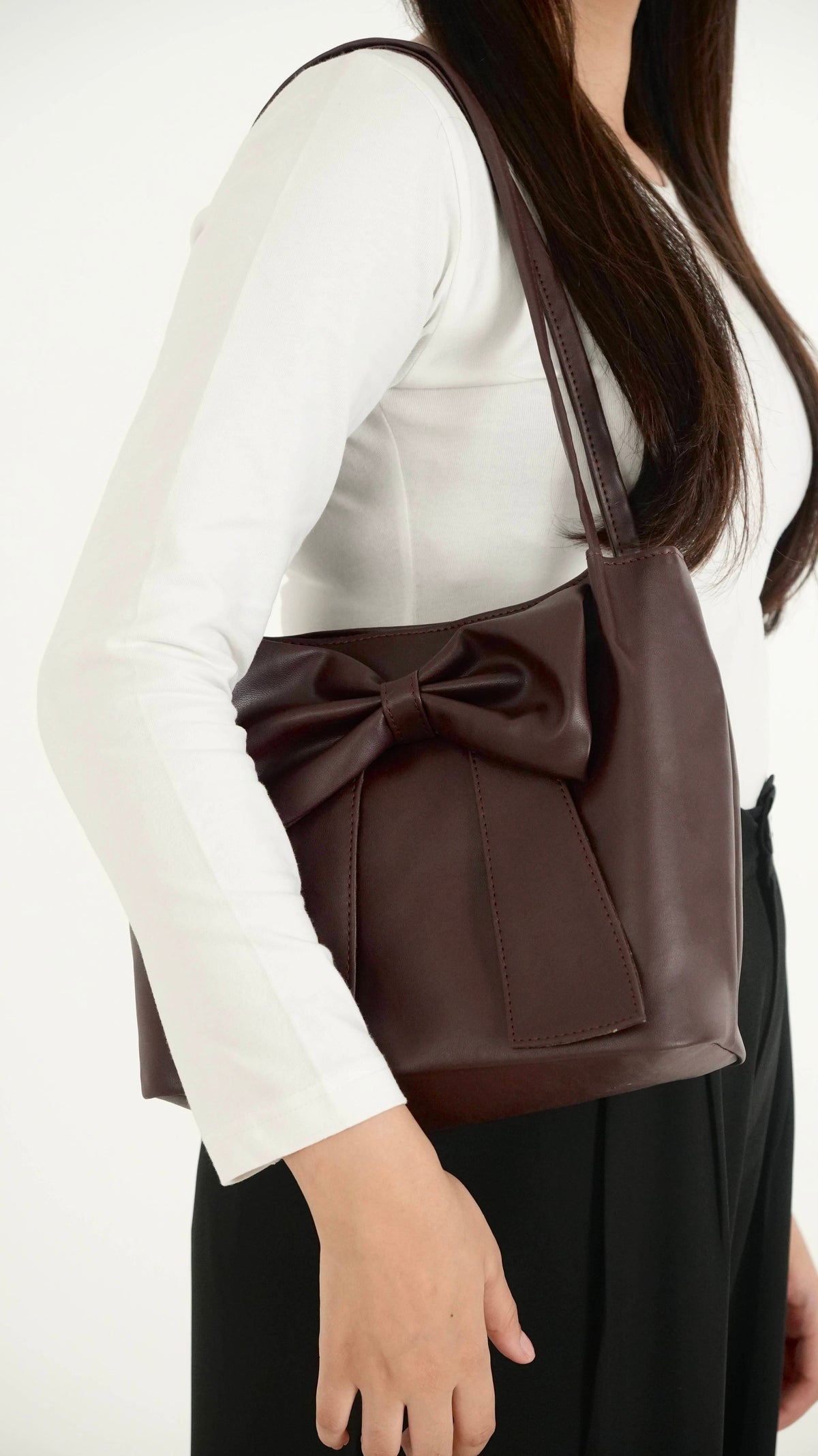 Burgundy Brown Soft Bow Hand Bag