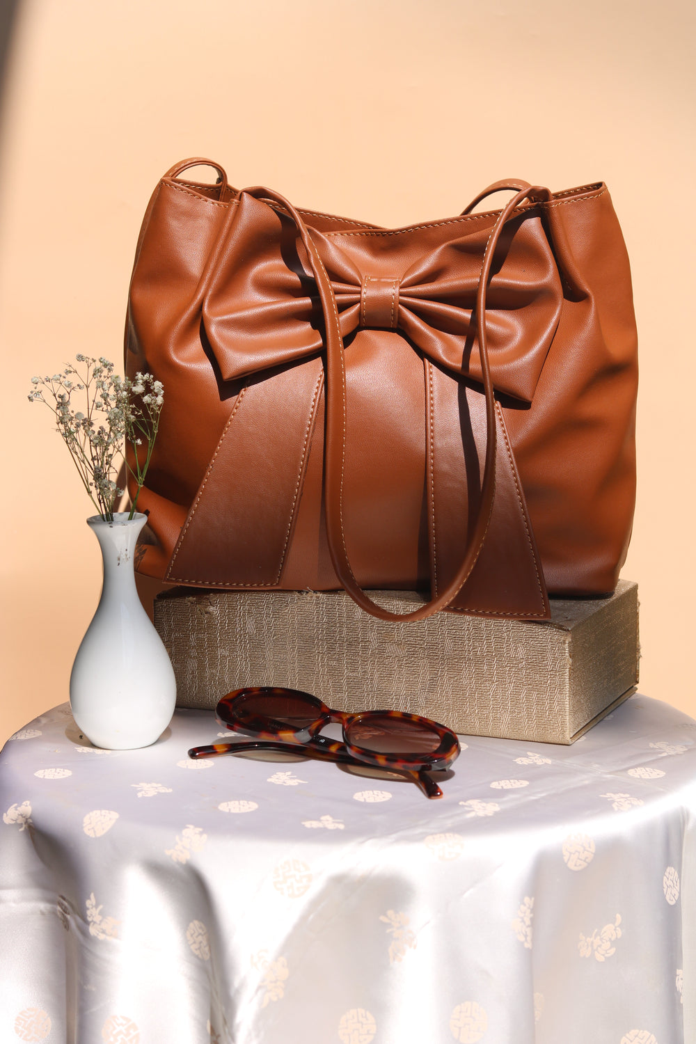 Tan Brown Soft Bow Hand Bag