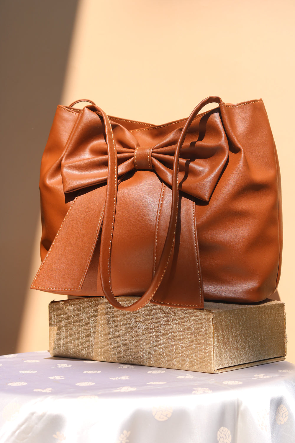 Tan Brown Soft Bow Hand Bag