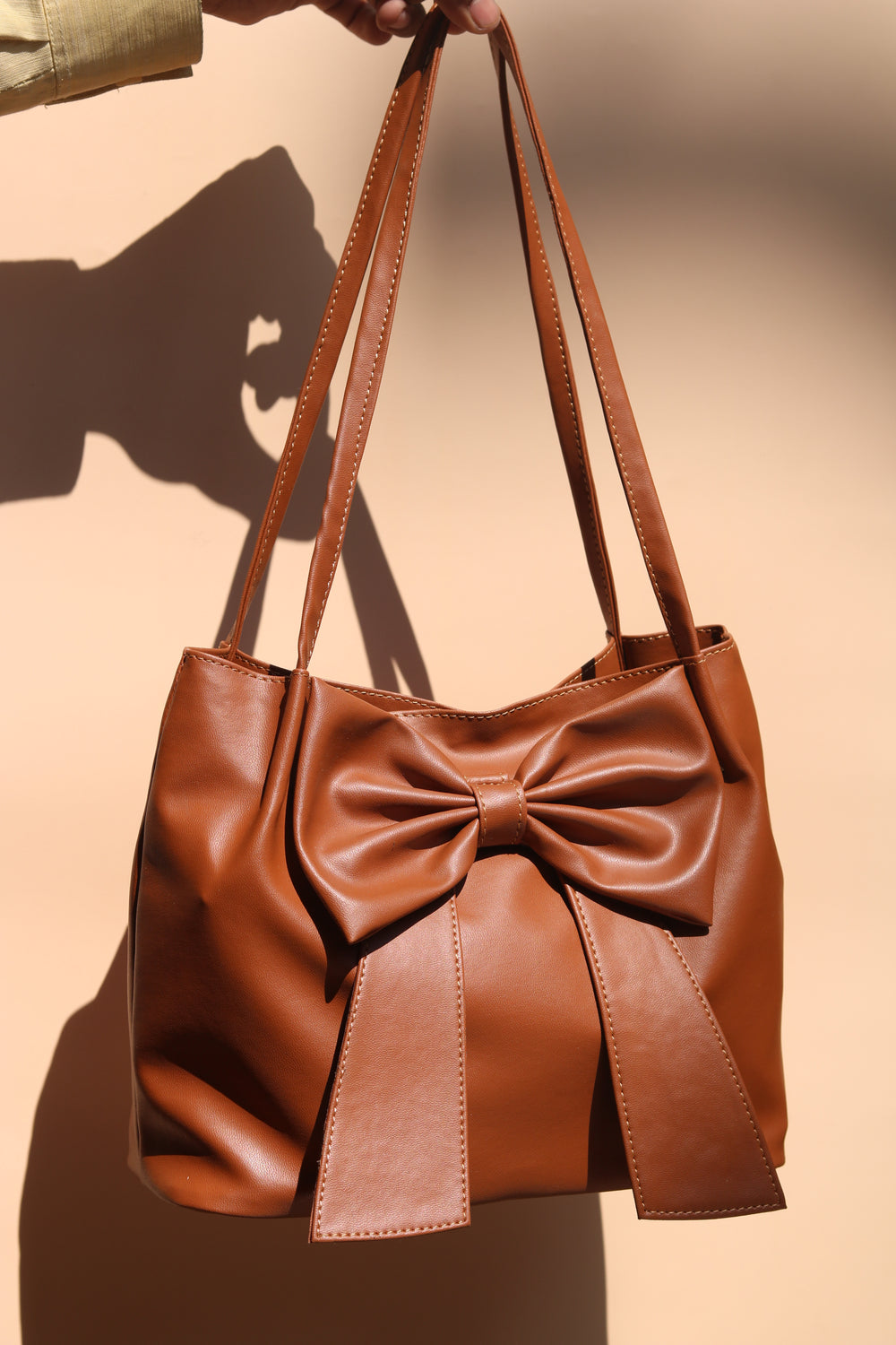 Tan Brown Soft Bow Hand Bag