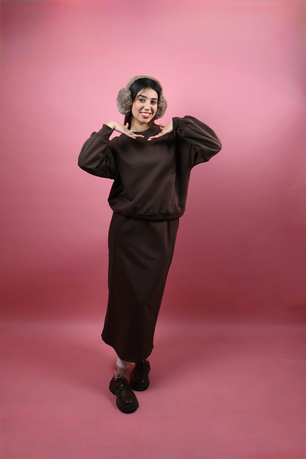 Brown Fleece Skirt Co ord Set