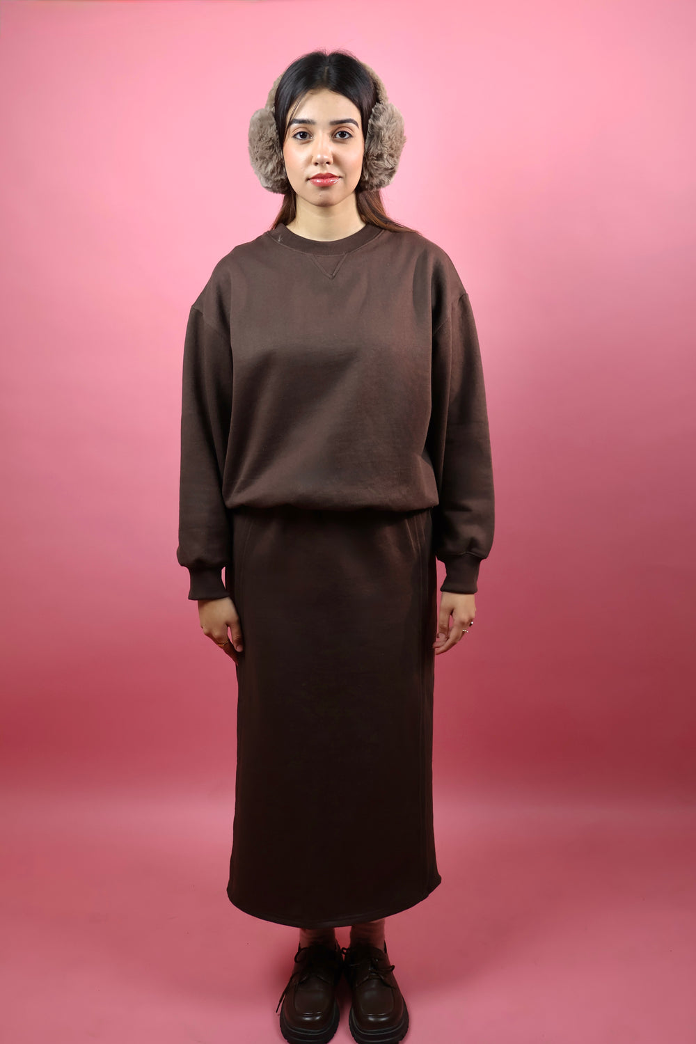 Brown Fleece Skirt Co ord Set