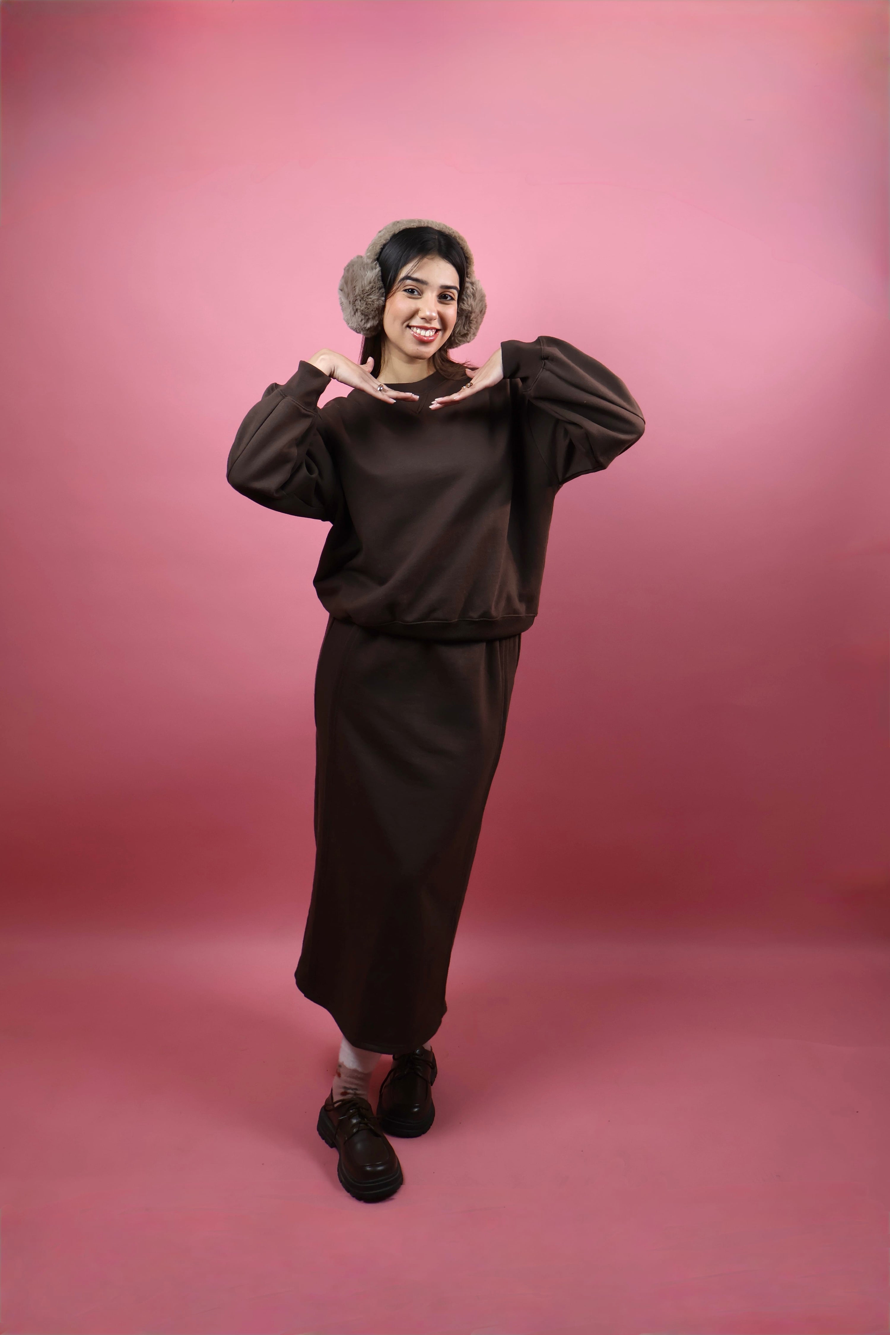 Brown Fleece Skirt Co ord Set