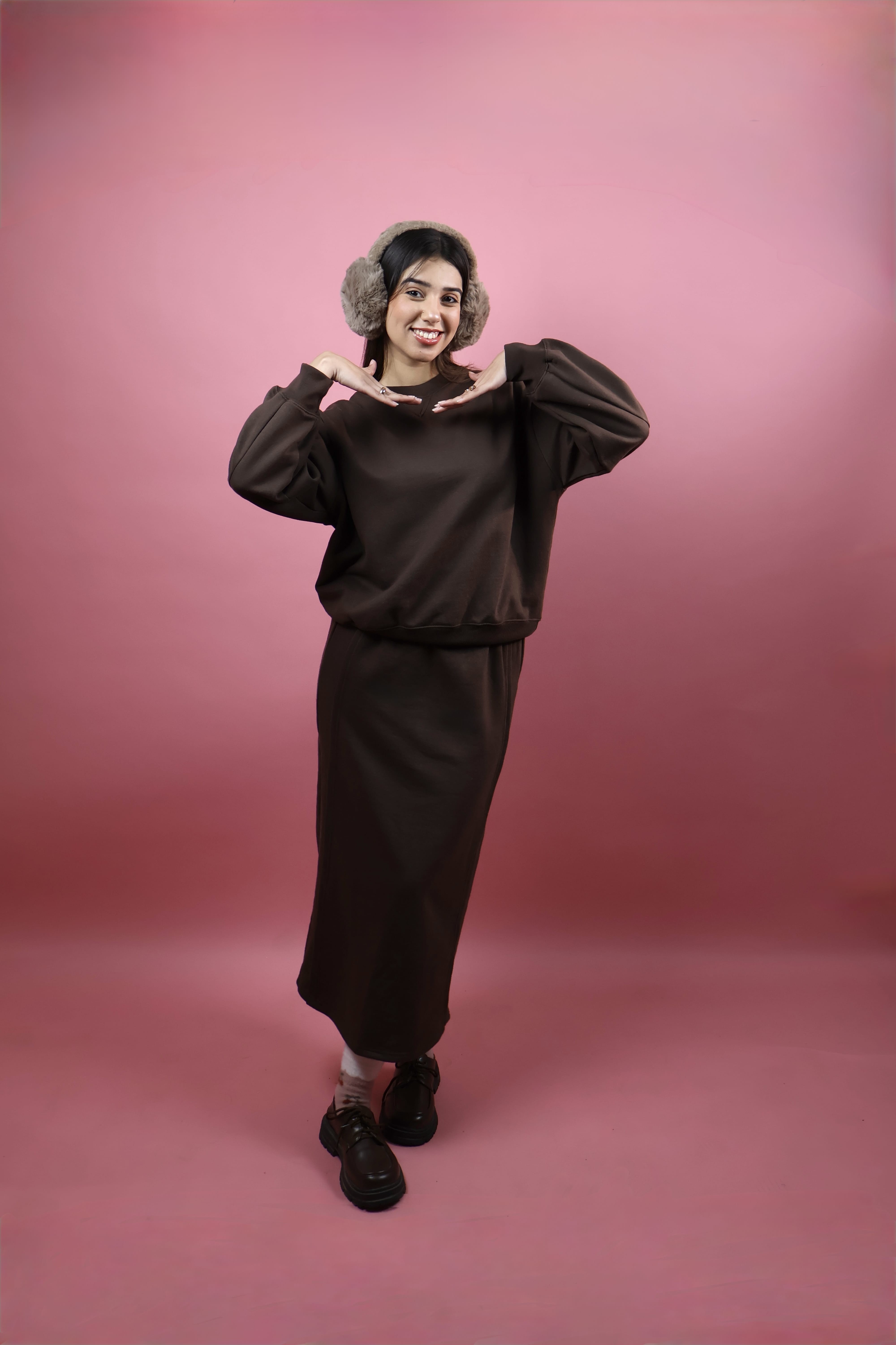 Brown Fleece Skirt Co ord Set