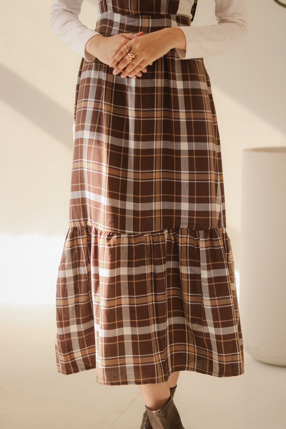 Brown Checkered Overall Dress