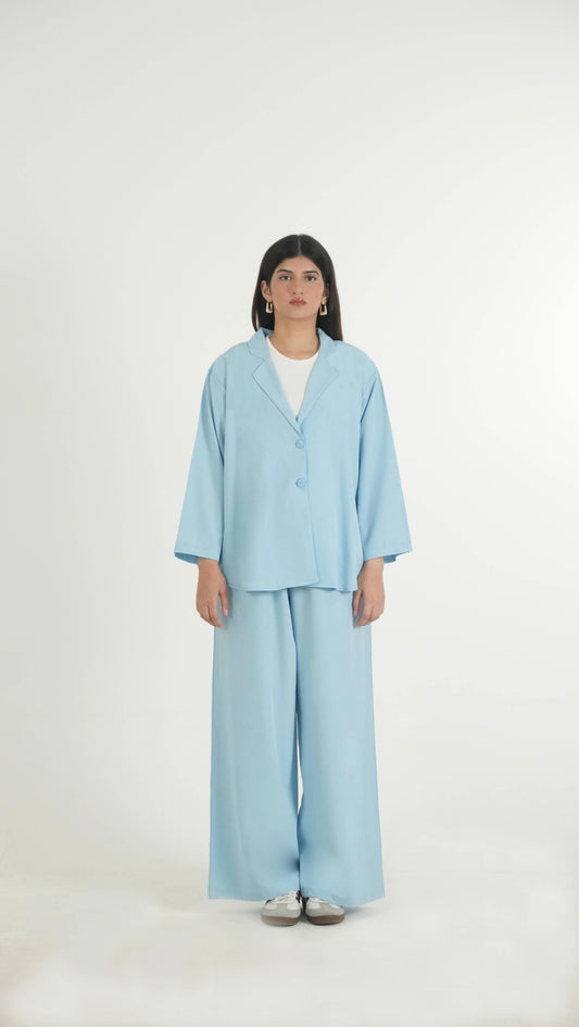 Sky Blue K-Pop Style Coat Top & Loose Pants 2-Piece Set