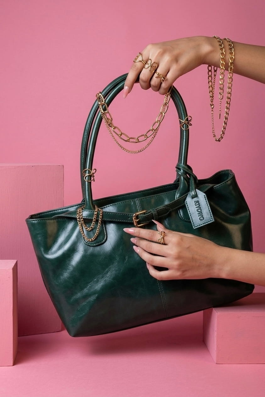 Emerald Green Buckle Detail Shoulder Tote Bag